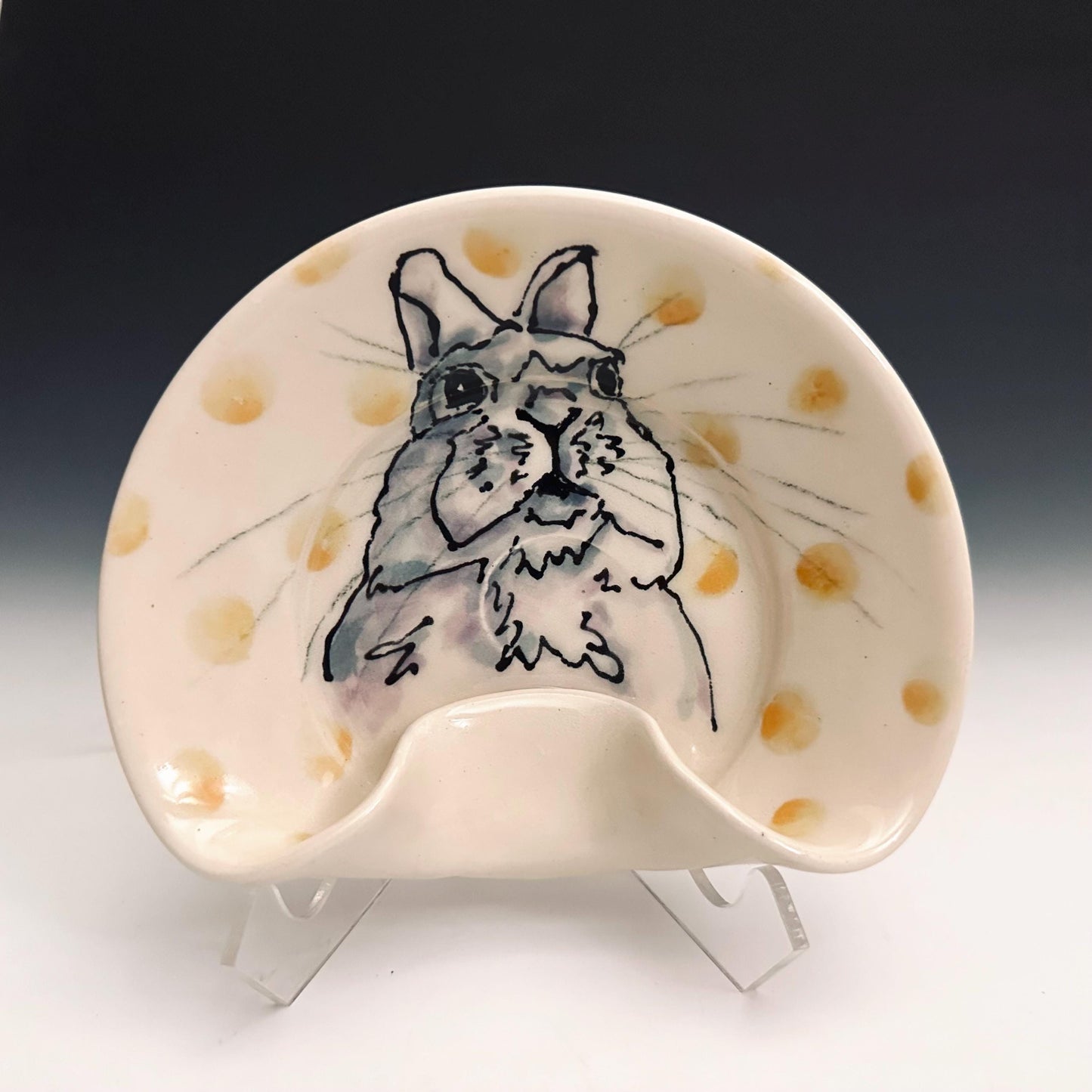 Stovetop Spoon Rest Ladel Rest Utensil Holder Bunny and Tellow Dot Ceramic Spoonrest