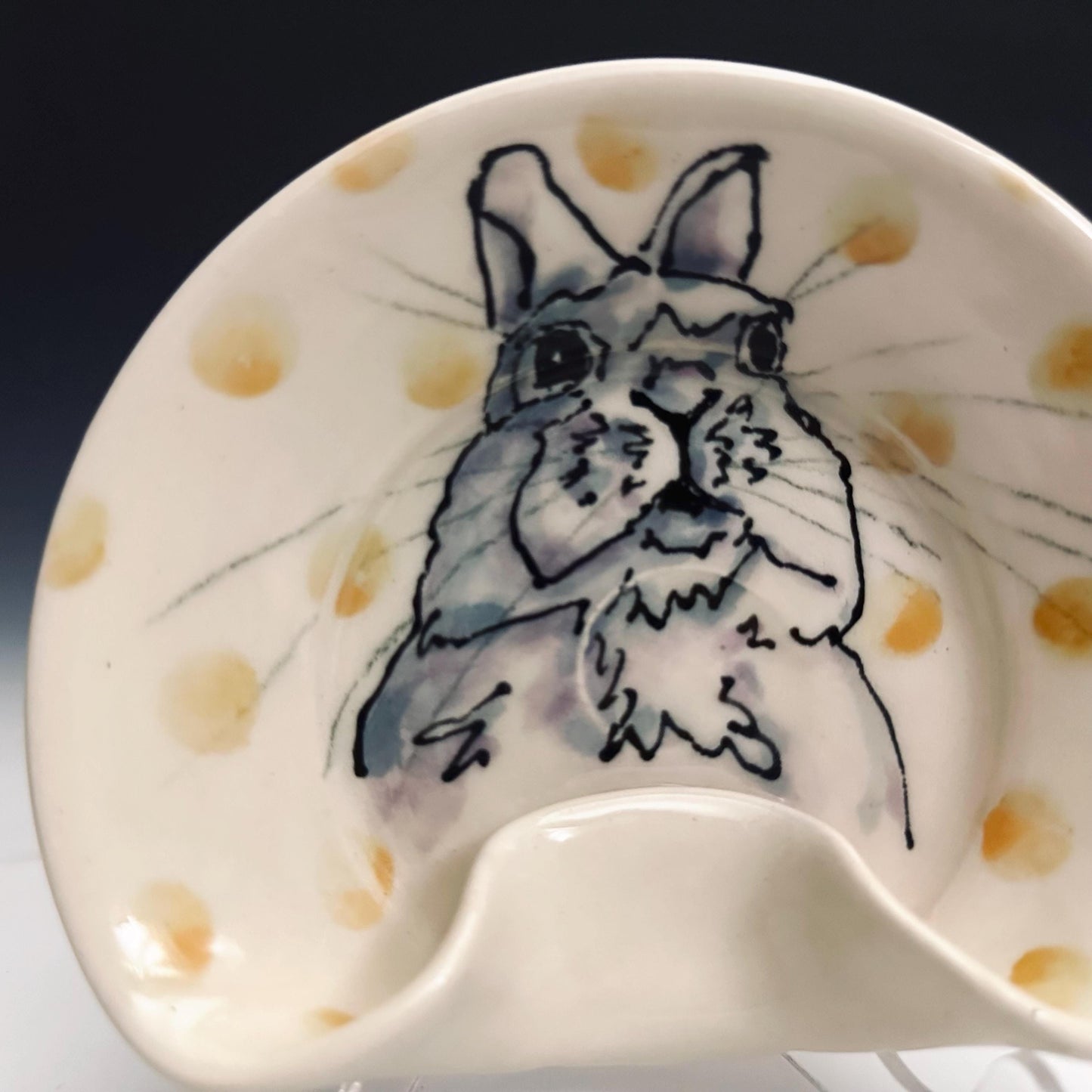 Stovetop Spoon Rest Ladel Rest Utensil Holder Bunny and Tellow Dot Ceramic Spoonrest