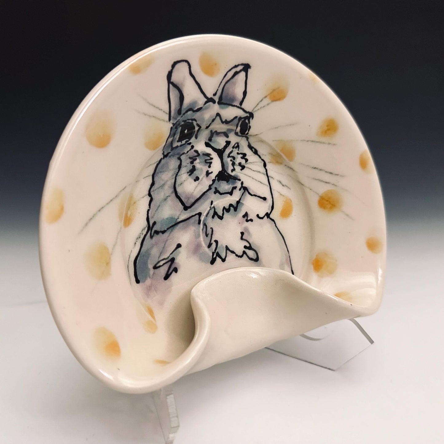 Stovetop Spoon Rest Ladel Rest Utensil Holder Bunny and Tellow Dot Ceramic Spoonrest