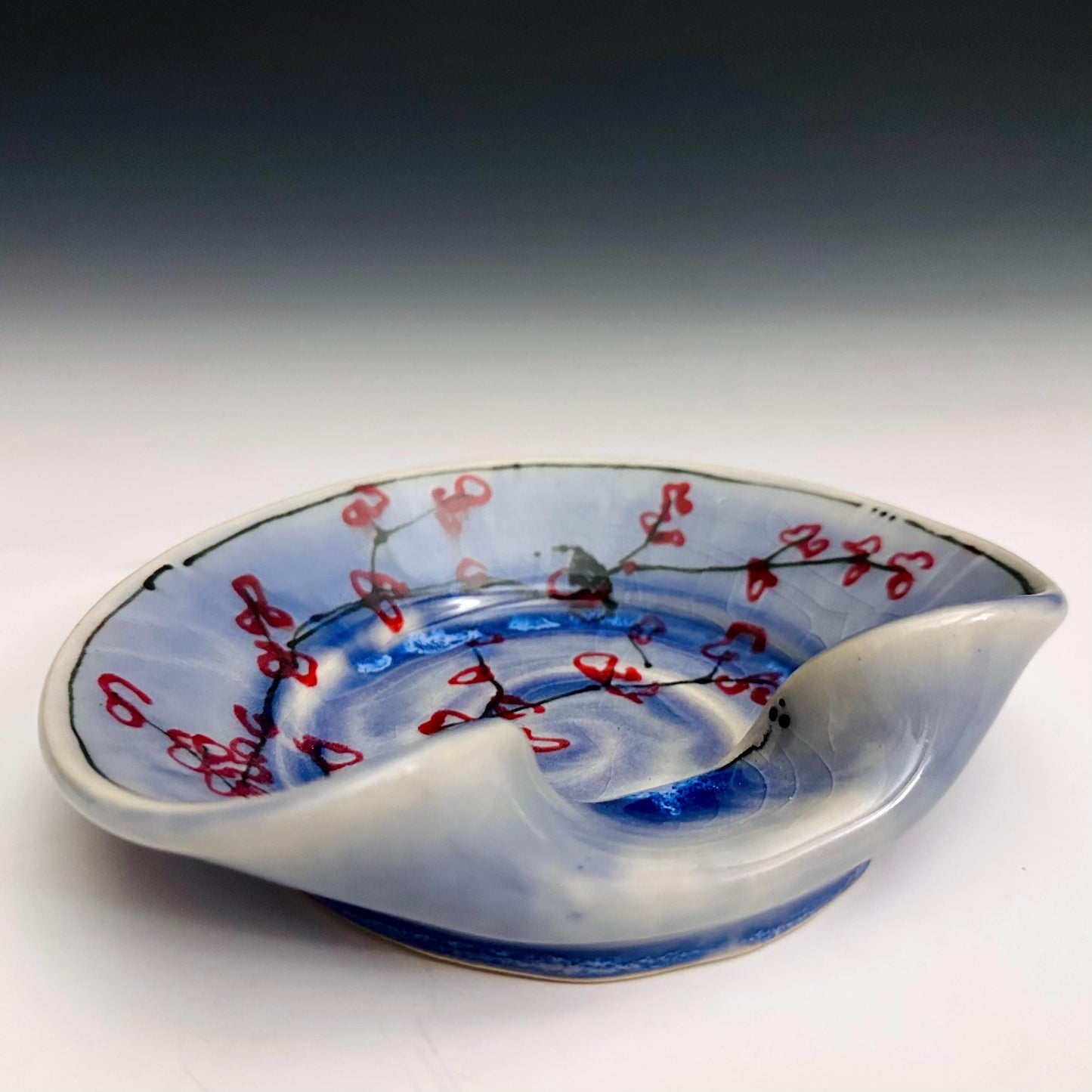 Stovetop Spoon Rest Ladel Rest Utensil Holder Cherry Blossom Blue Glaze Ceramic