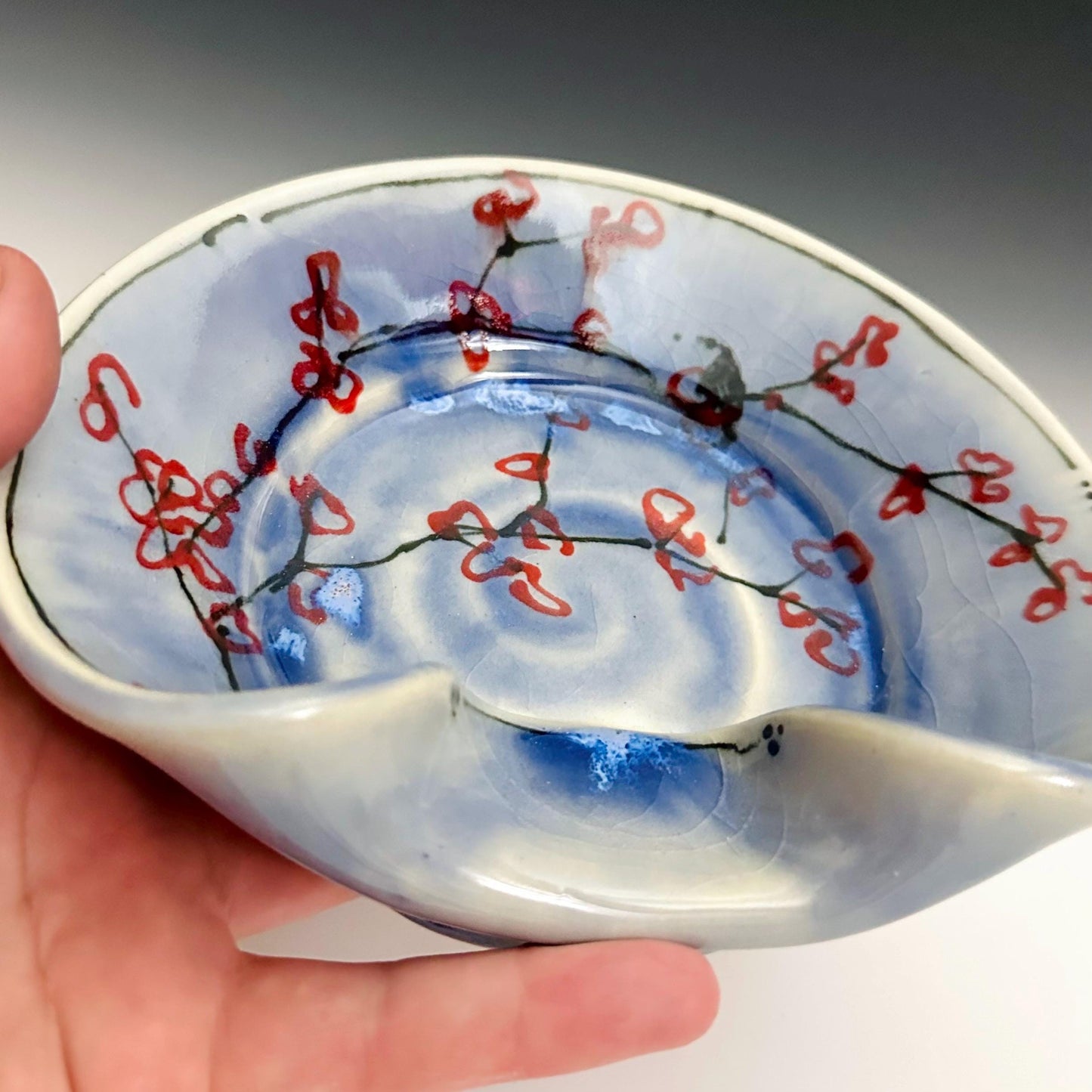 Stovetop Spoon Rest Ladel Rest Utensil Holder Cherry Blossom Blue Glaze Ceramic
