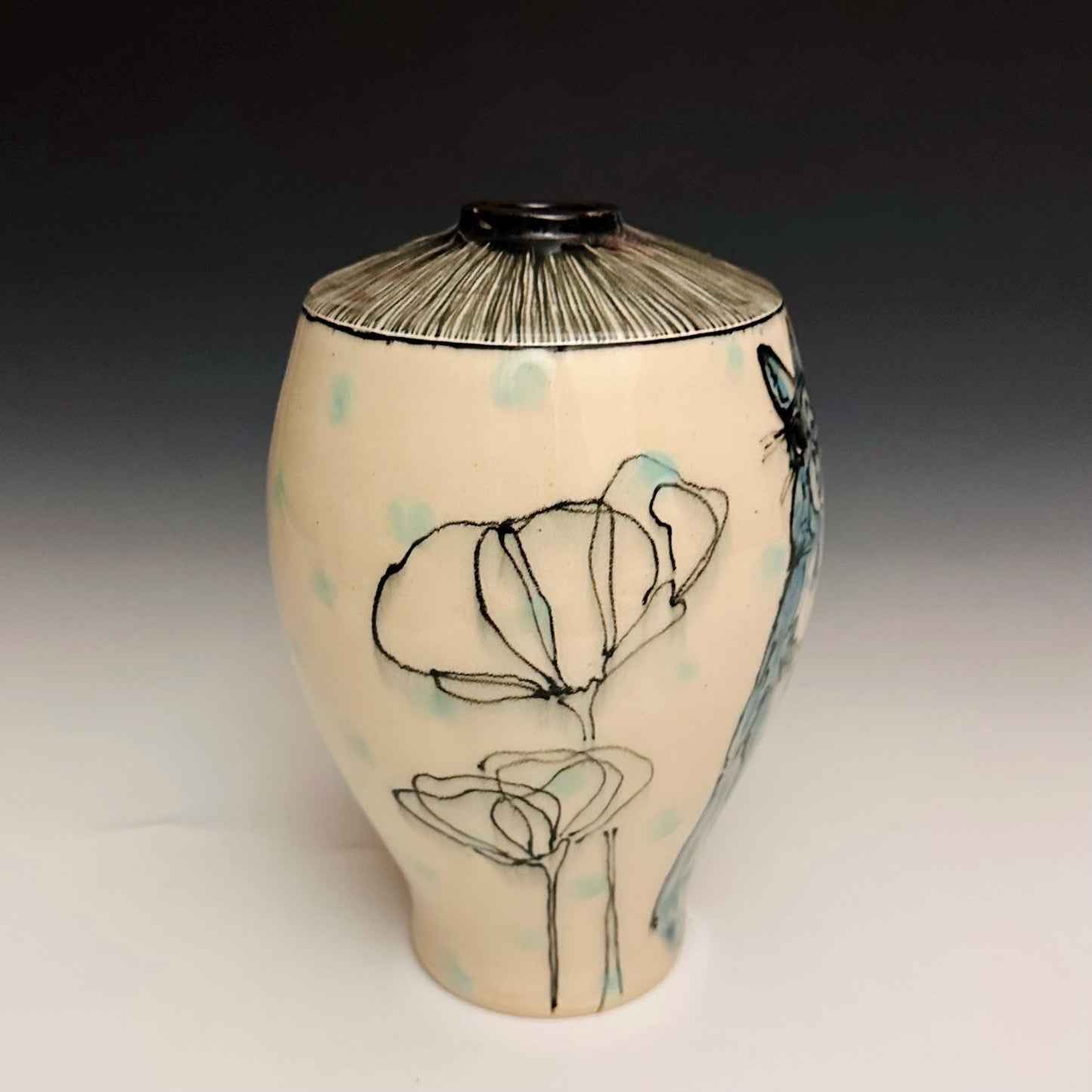 Pottery Vase Poppy and Bunny Hand Illustrated Vase F2513
