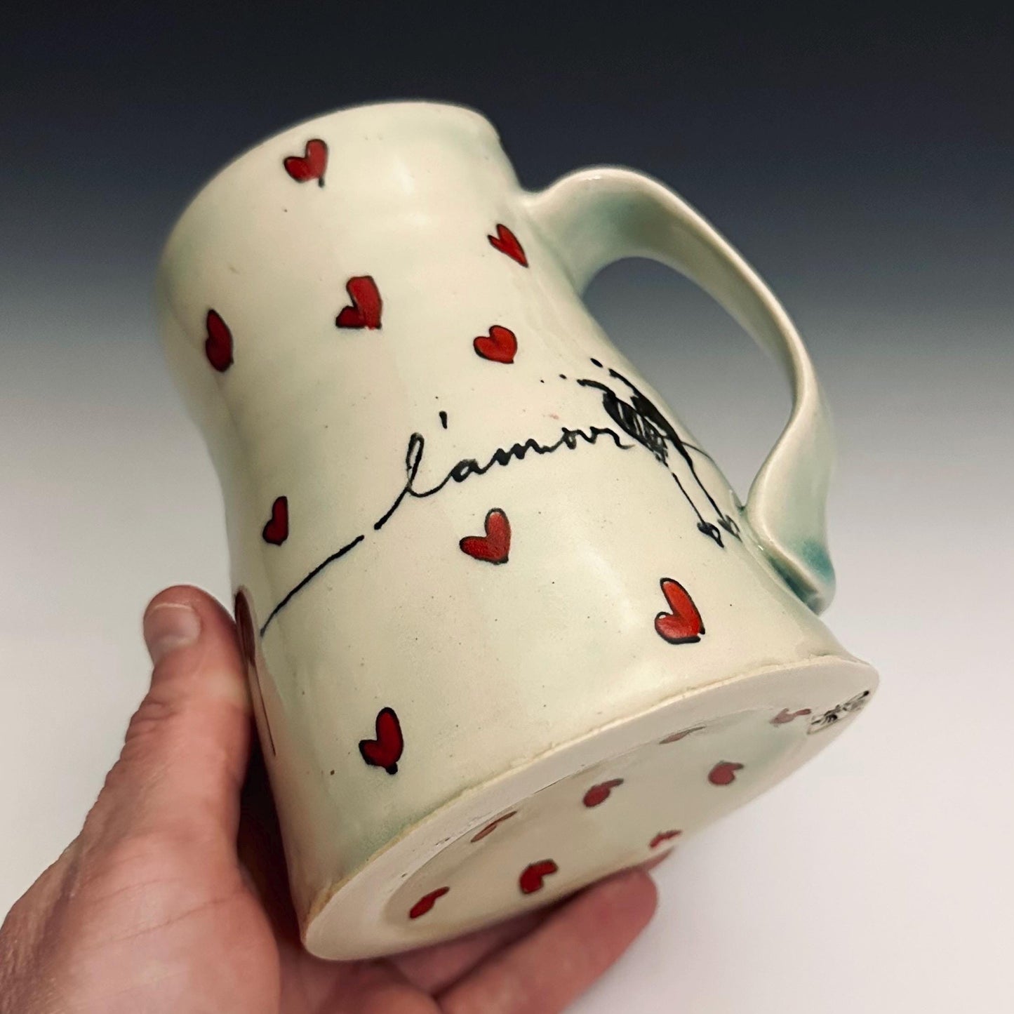 L’Amour Hearts and Birds Pottery Mug Handmade Coffee Cup