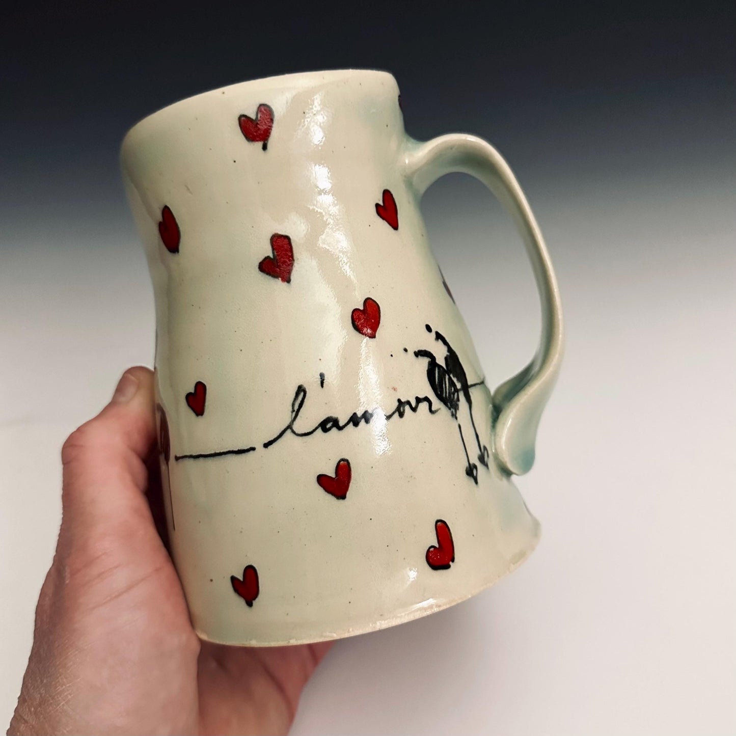 L’Amour Hearts and Birds Pottery Mug Handmade Coffee Cup
