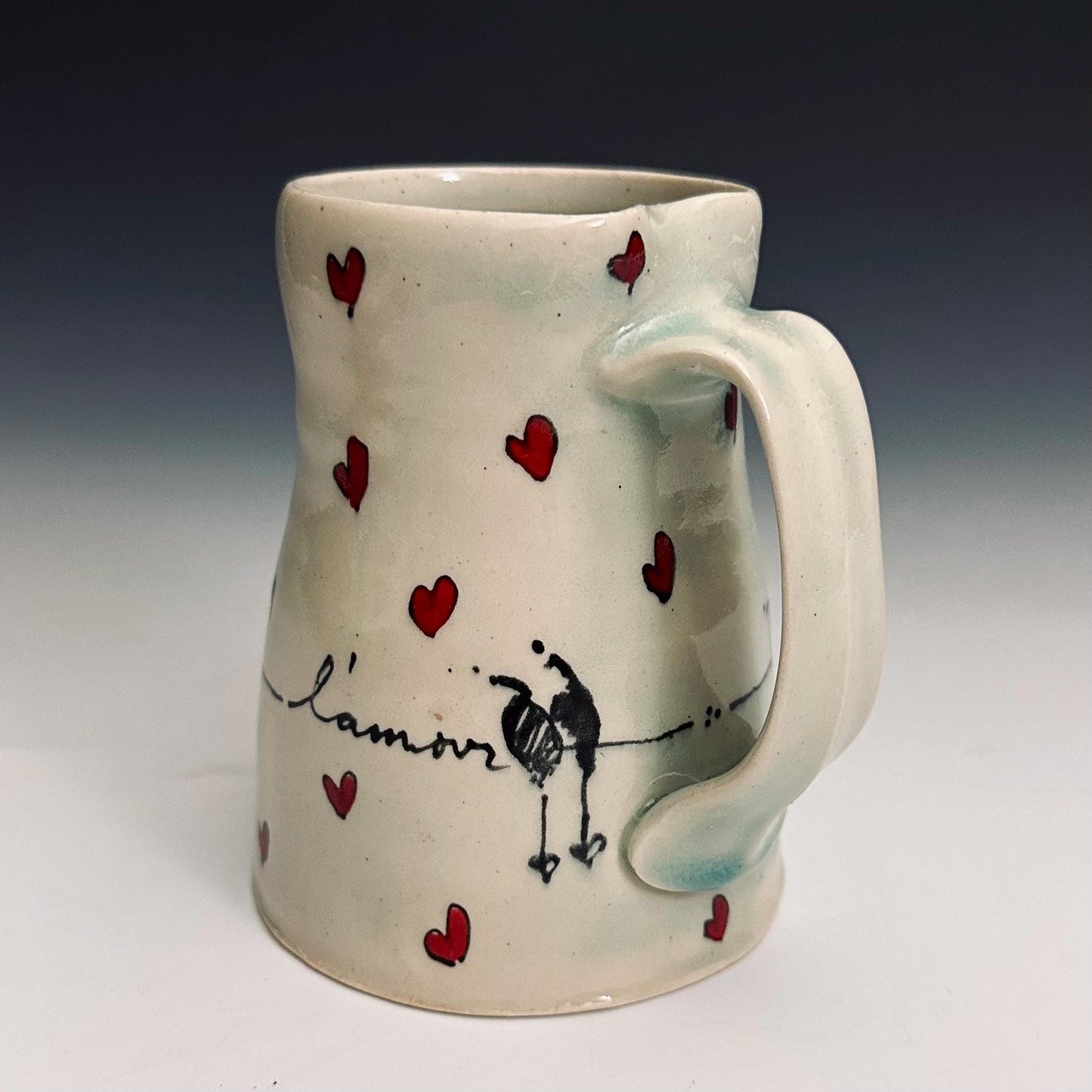 L’Amour Hearts and Birds Pottery Mug Handmade Coffee Cup