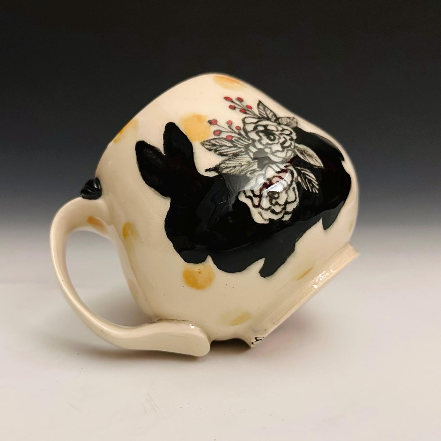 Handmade Bunny Flowers and Yellow Dots Pottery Coffee Mug Ceramic F2515