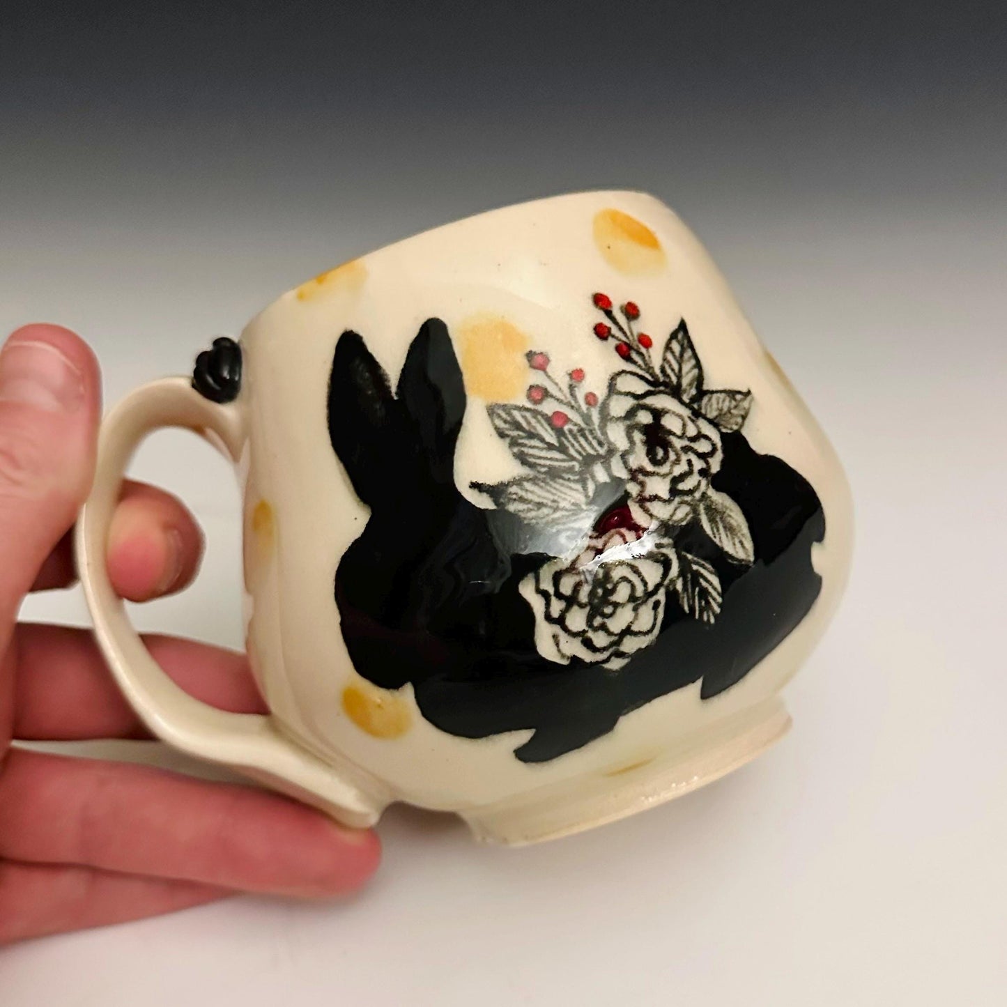 Handmade Bunny Flowers and Yellow Dots Pottery Coffee Mug Ceramic F2515