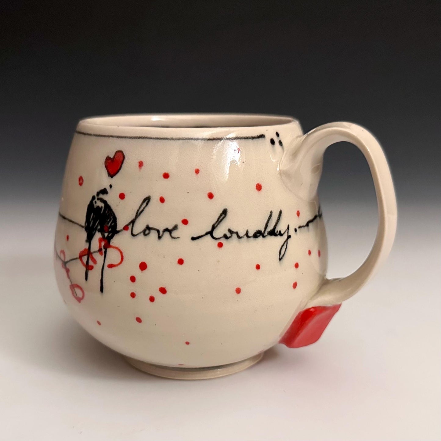 Pottery Mug Coffee Cup “love loudly” Stoneware Mug Handmade Pottery Cherry Blossom Bird on a Wire F2531