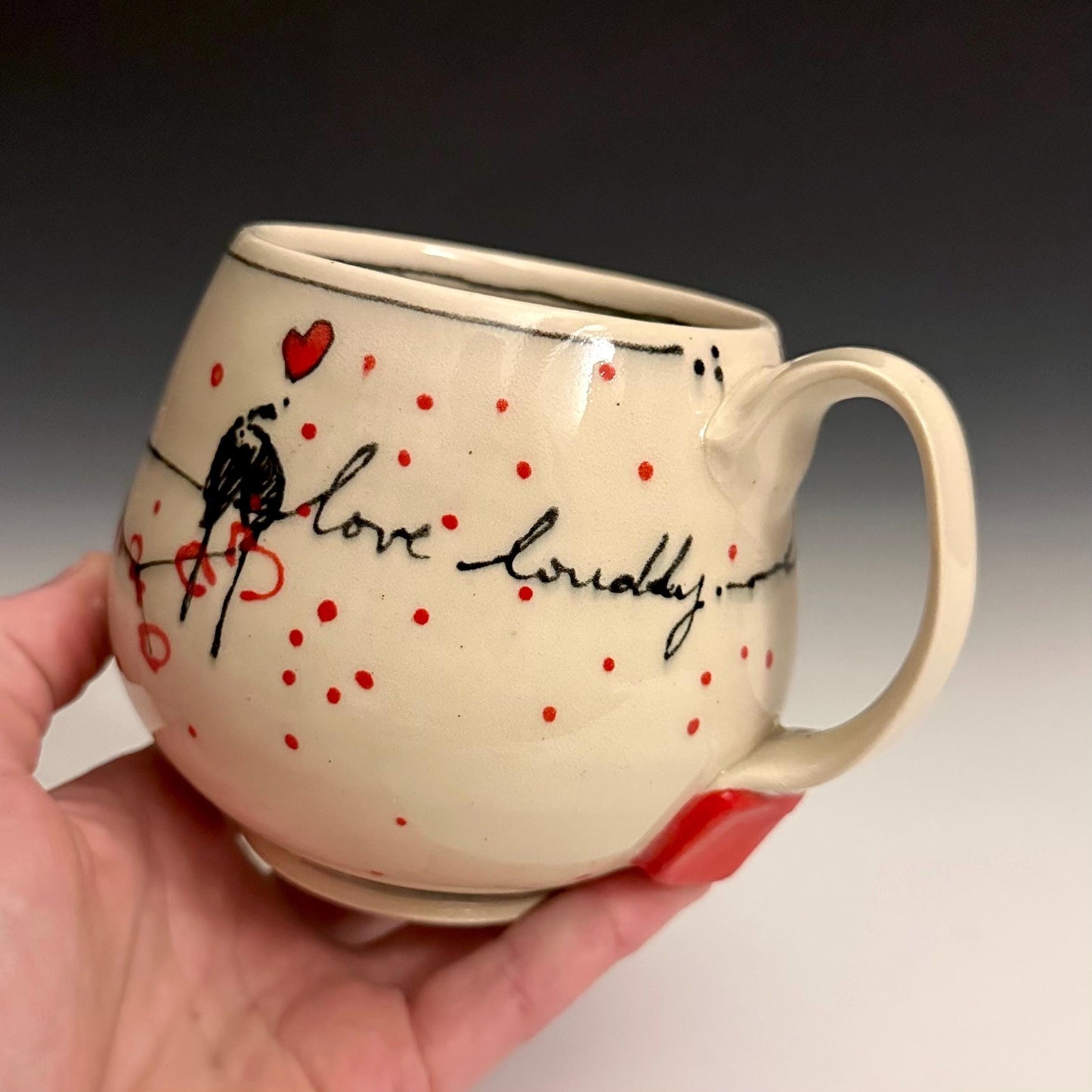 Pottery Mug Coffee Cup “love loudly” Stoneware Mug Handmade Pottery Cherry Blossom Bird on a Wire F2531