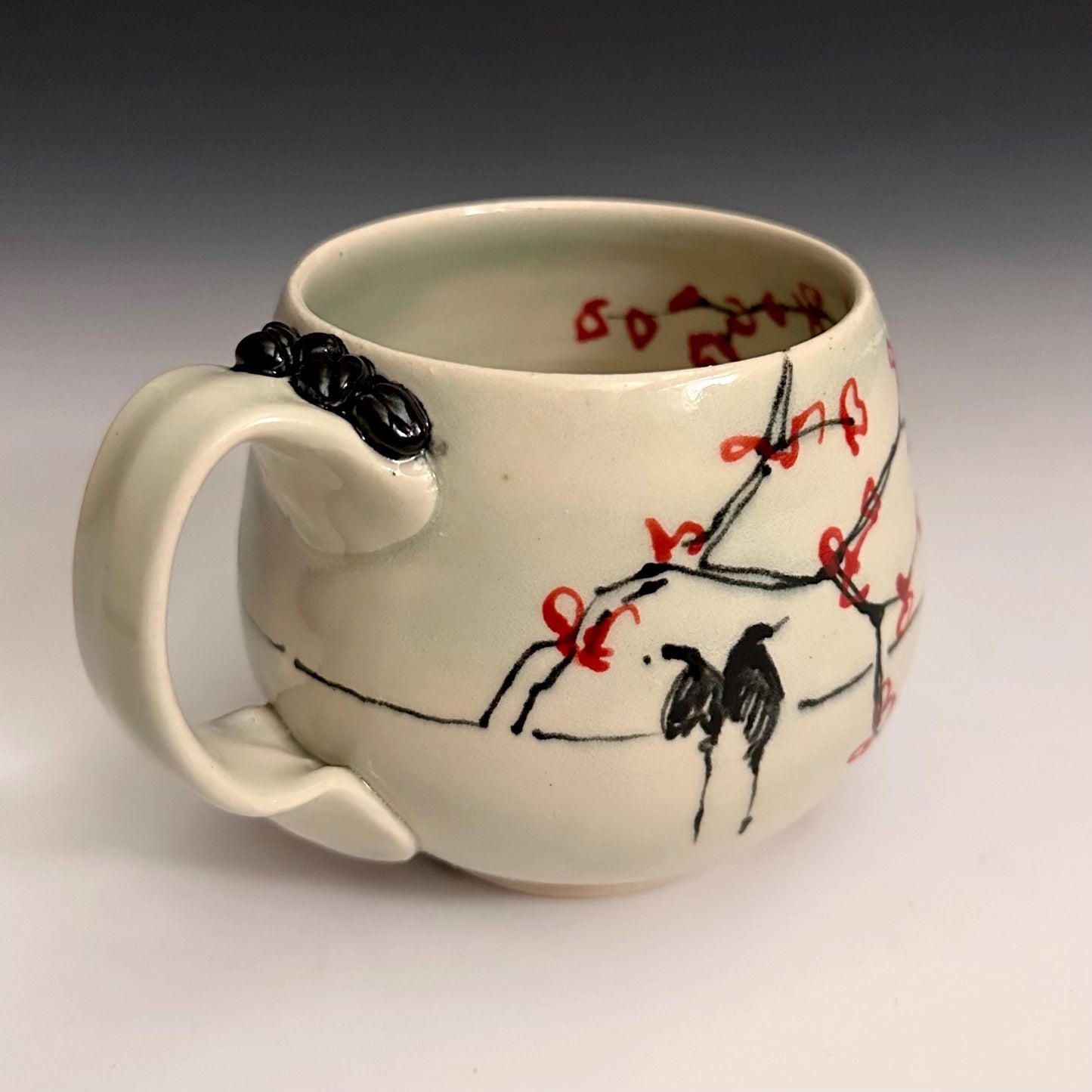 Pottery Mug Coffee Cup “l’amour” Stoneware Mug Handmade Pottery Cherry Blossom Bird on a Wire F2532