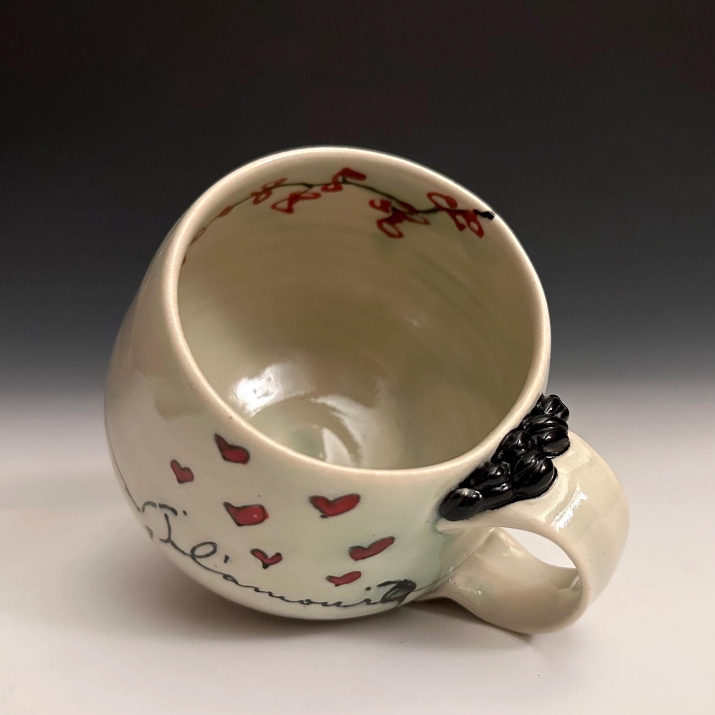 Pottery Mug Coffee Cup “l’amour” Stoneware Mug Handmade Pottery Cherry Blossom Bird on a Wire F2532
