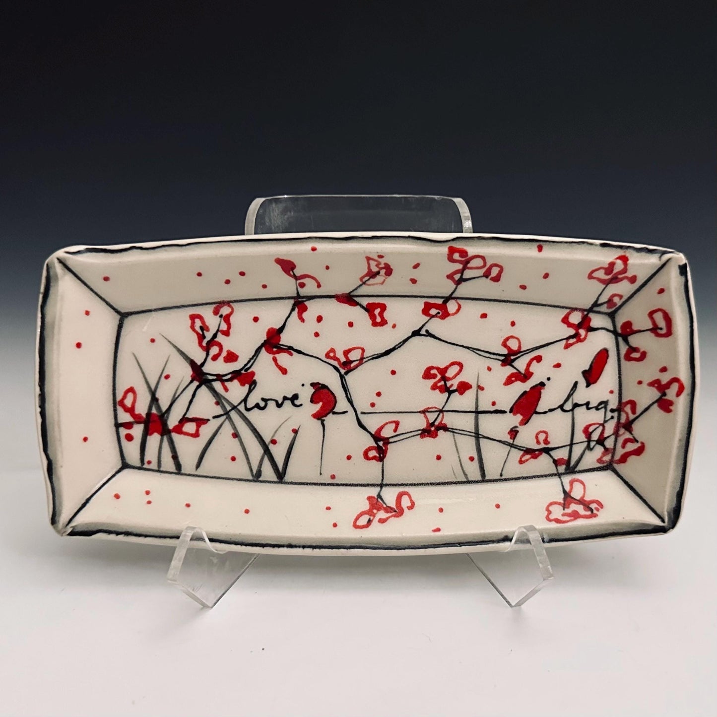 Pottery Tray Ceramic Trinket Dish Cherry Blossom and Bird Red Flowers Love Big