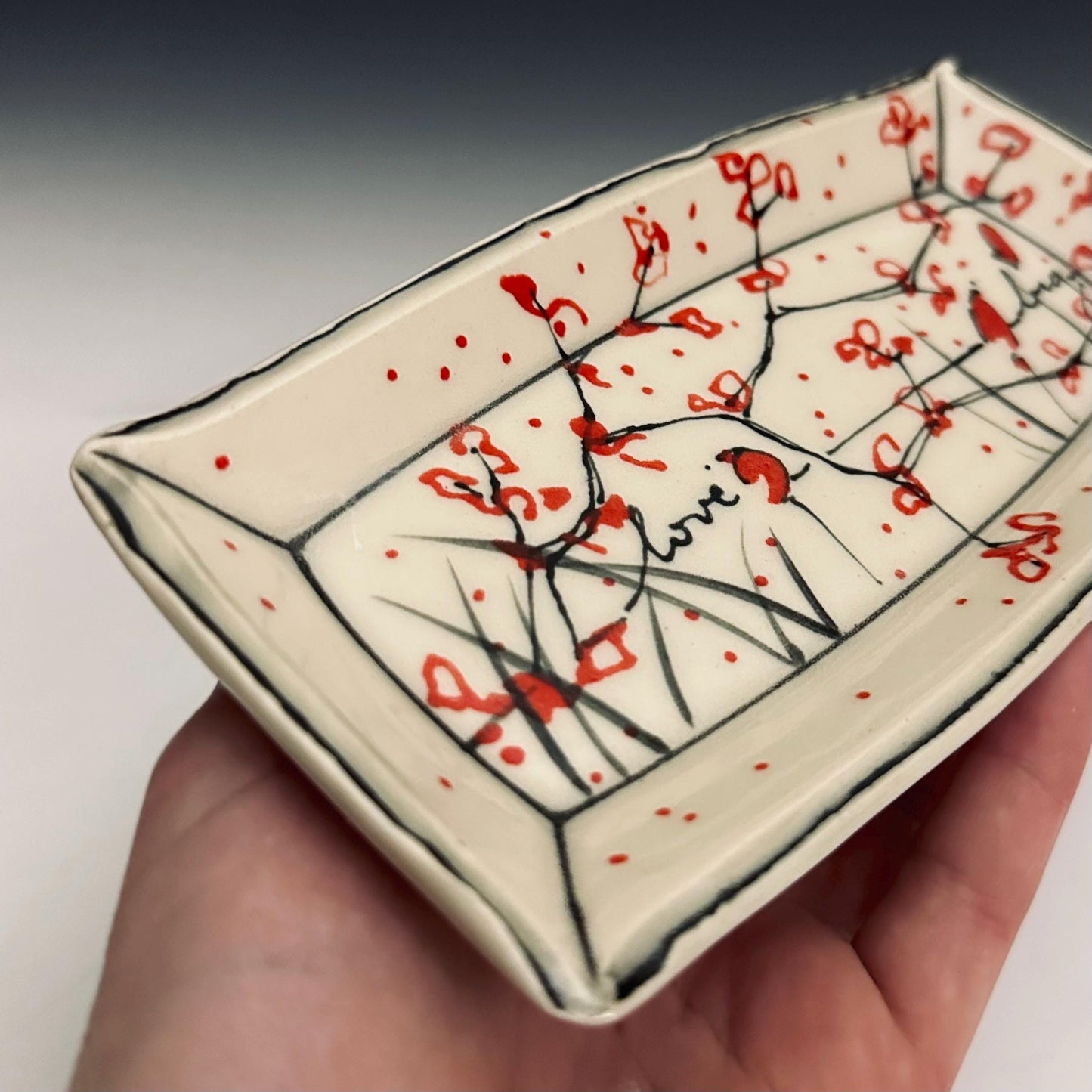 Pottery Tray Ceramic Trinket Dish Cherry Blossom and Bird Red Flowers Love Big