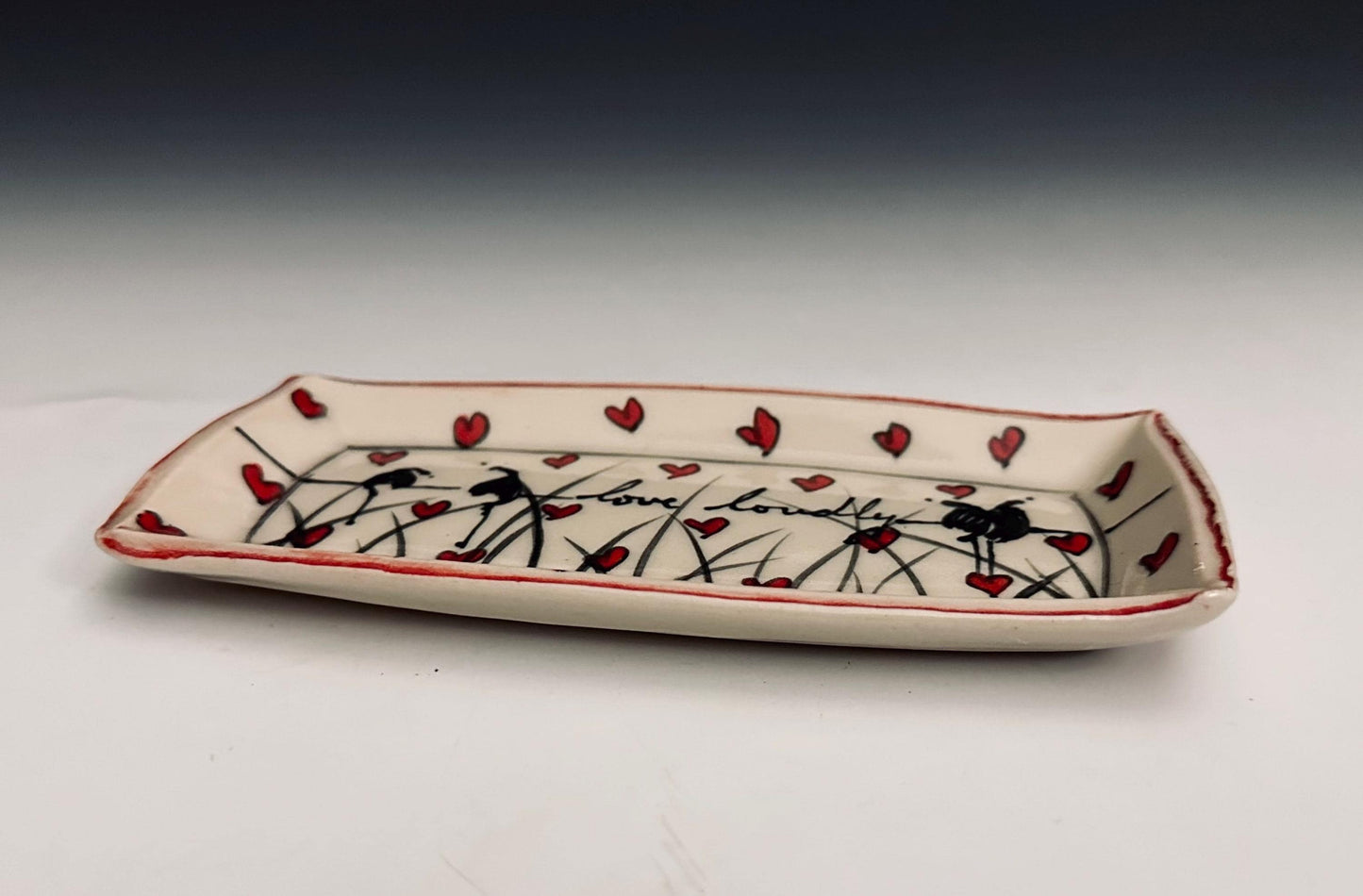 Pottery Tray Ceramic Trinket Dish Cherry Blossom and Bird Red Flowers