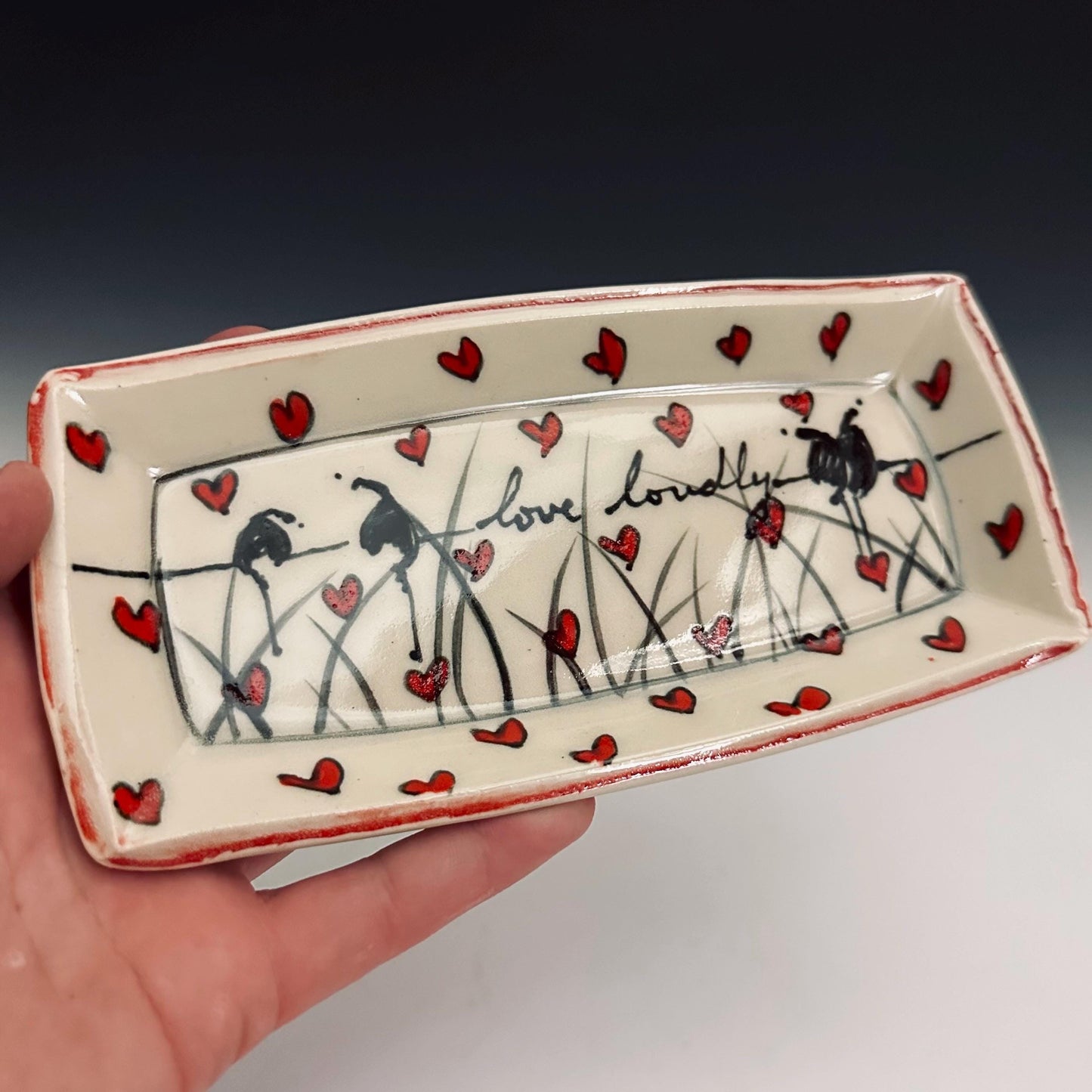 Pottery Tray Ceramic Trinket Dish Cherry Blossom and Bird Red Flowers