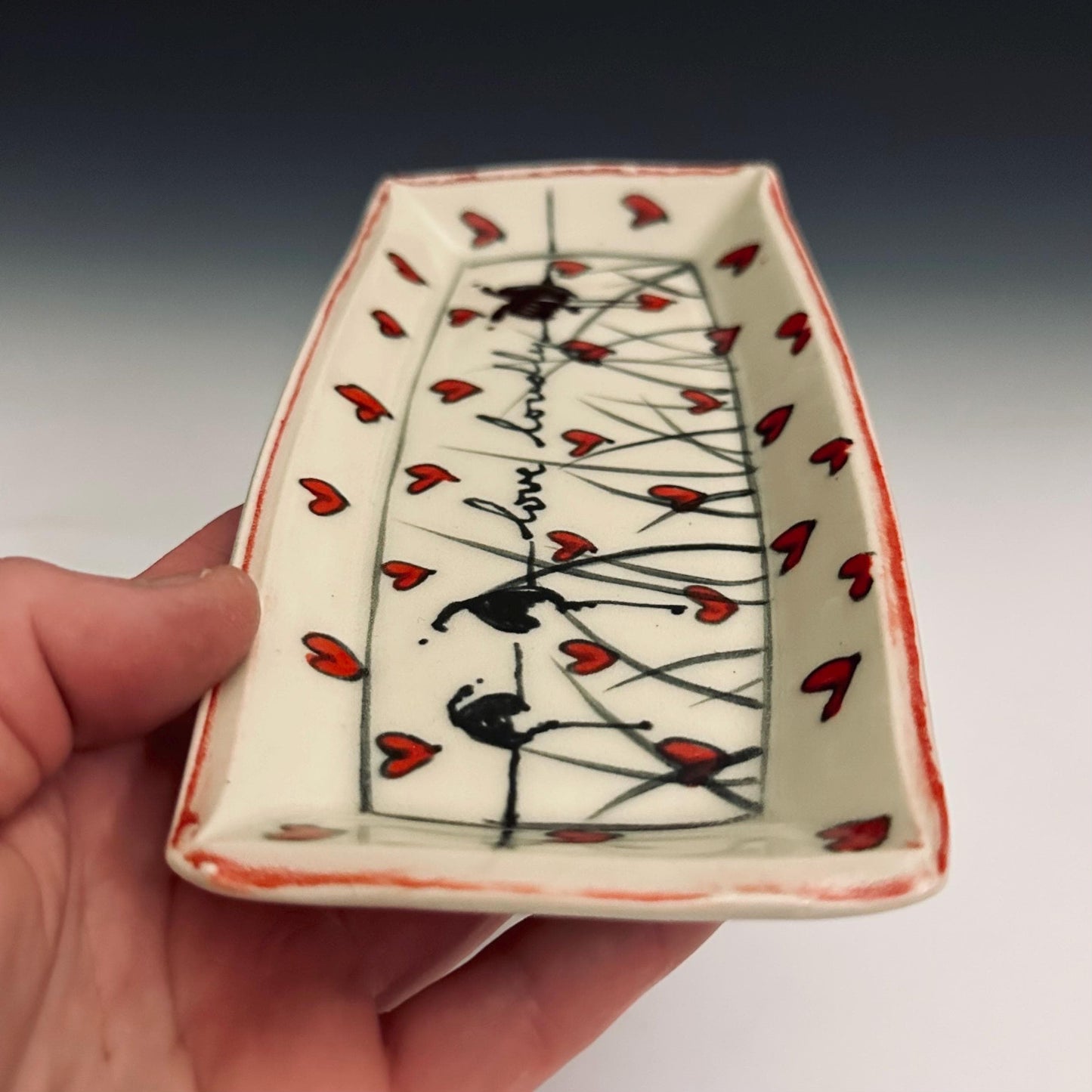 Pottery Tray Ceramic Trinket Dish Cherry Blossom and Bird Red Flowers