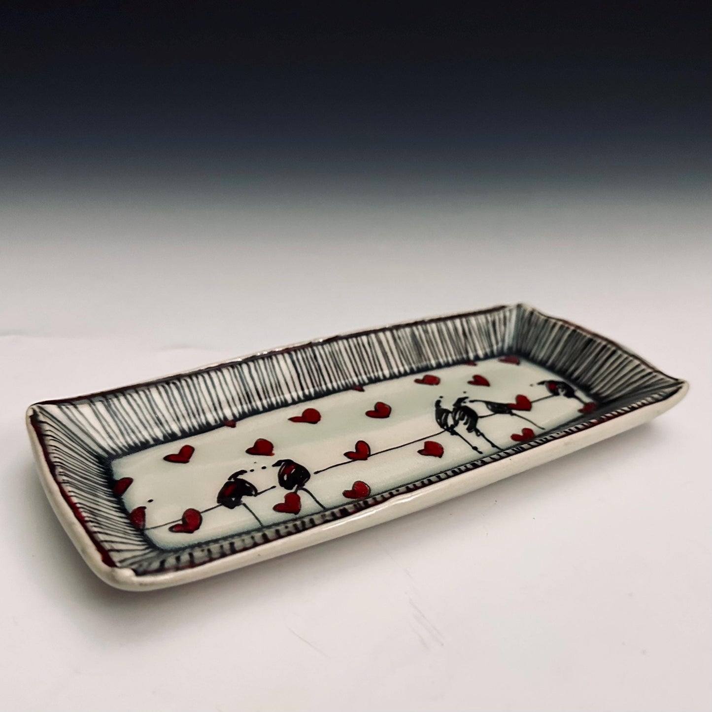 Pottery Tray Ceramic Trinket Dish Bird on a Wire Pinstripes and Hearts Reftangular Plate