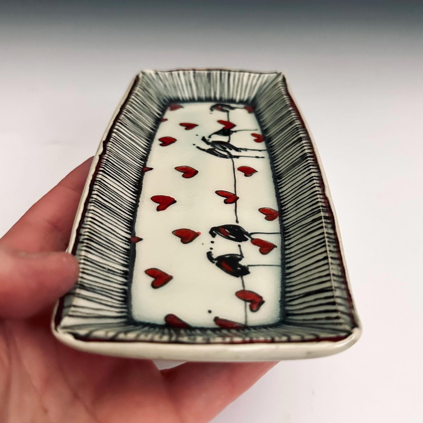 Pottery Tray Ceramic Trinket Dish Bird on a Wire Pinstripes and Hearts Reftangular Plate
