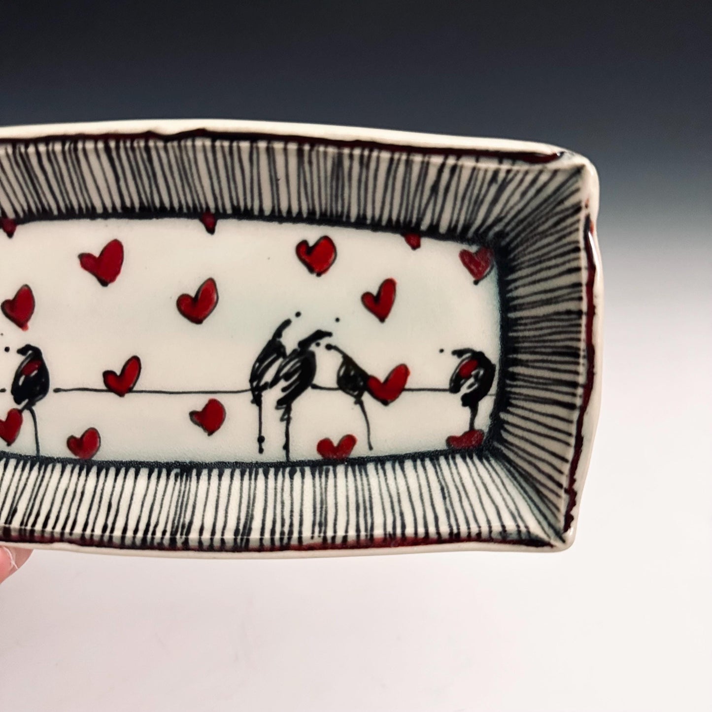 Pottery Tray Ceramic Trinket Dish Bird on a Wire Pinstripes and Hearts Reftangular Plate