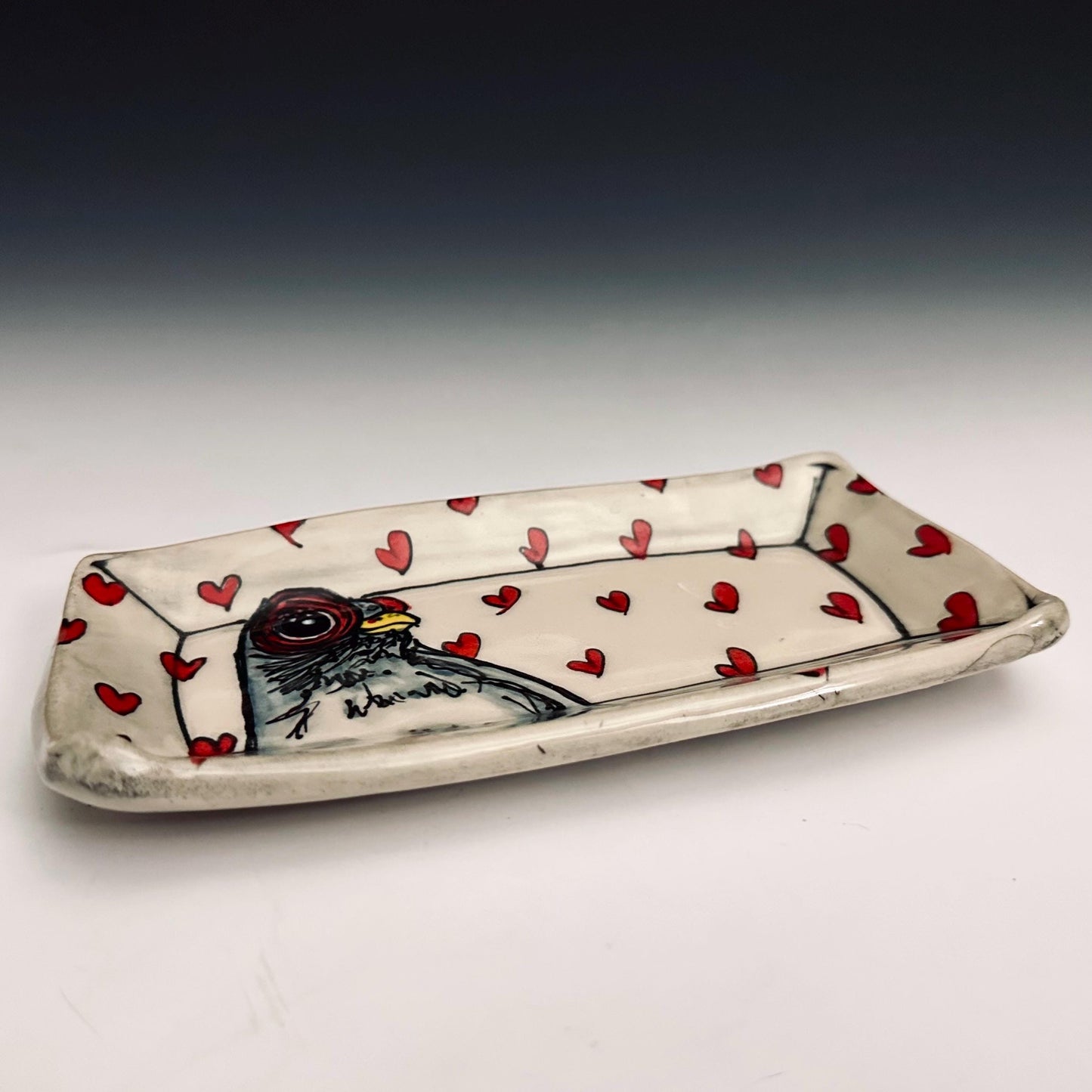 Pottery Tray Ceramic Trinket Dish Bird Pigeon and Red Hearts Rectangular Plate