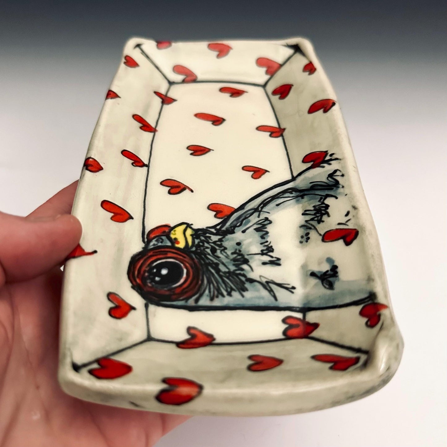 Pottery Tray Ceramic Trinket Dish Bird Pigeon and Red Hearts Rectangular Plate