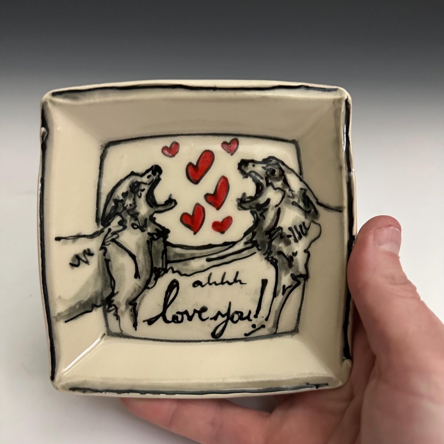Pottery Tray Ceramic Trinket Dish Bird Pigeon and Red Hearts Rectangular Plate