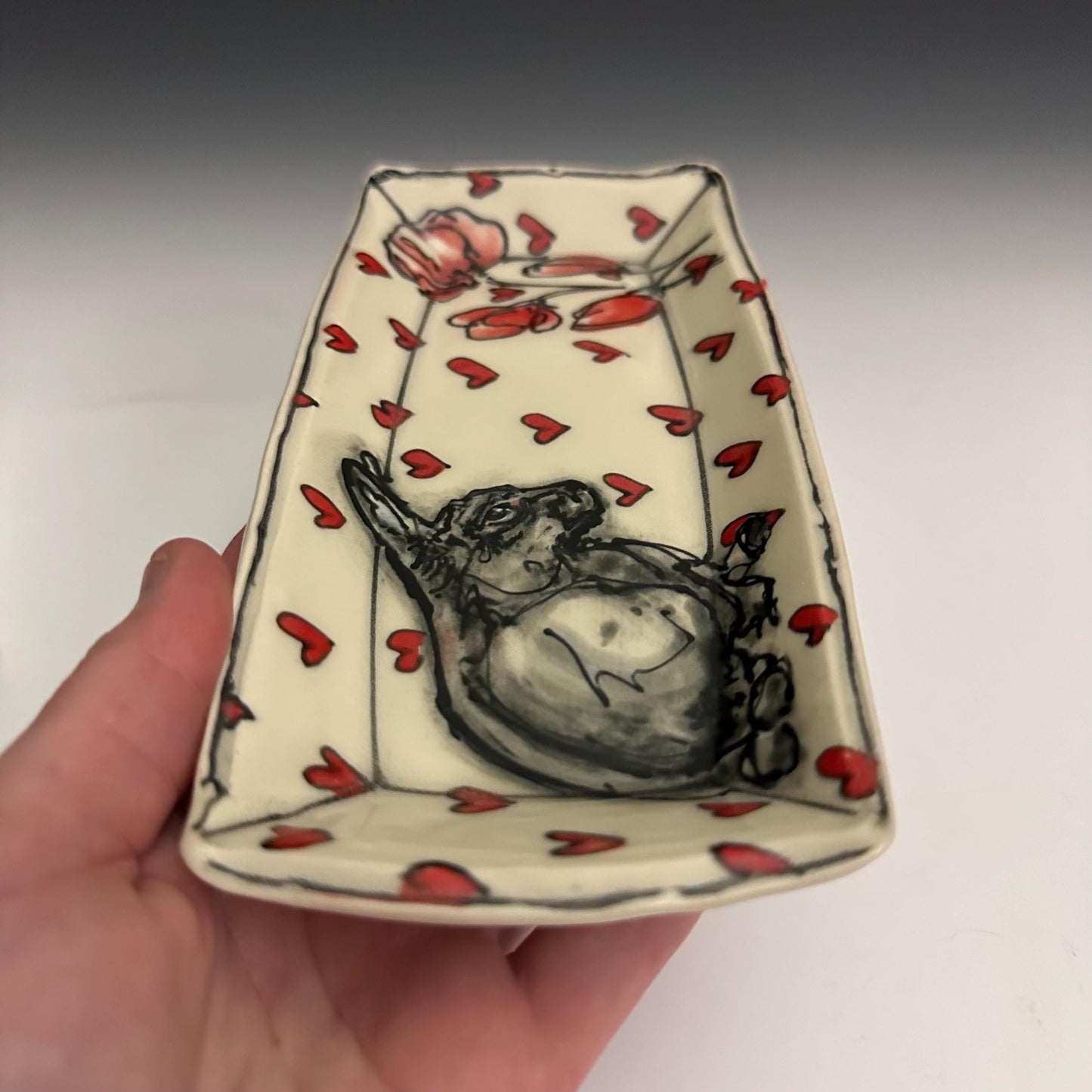 Pottery Tray Ceramic Trinket Dish Bunny Hearts and Red Hearts Rectangular Plate
