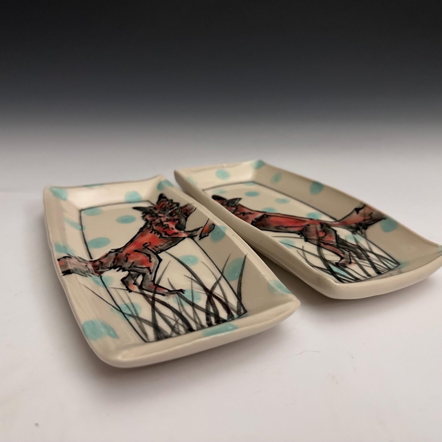Pottery Tray Ceramic Trinket Dish Bunny Hearts and Red Hearts Rectangular Plate
