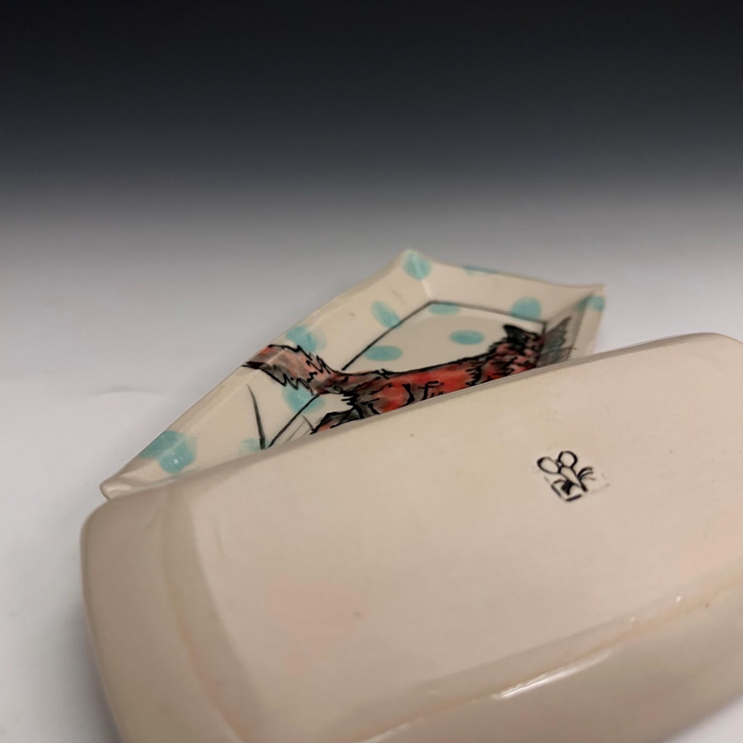 Pottery Tray Ceramic Trinket Dish Bunny Hearts and Red Hearts Rectangular Plate