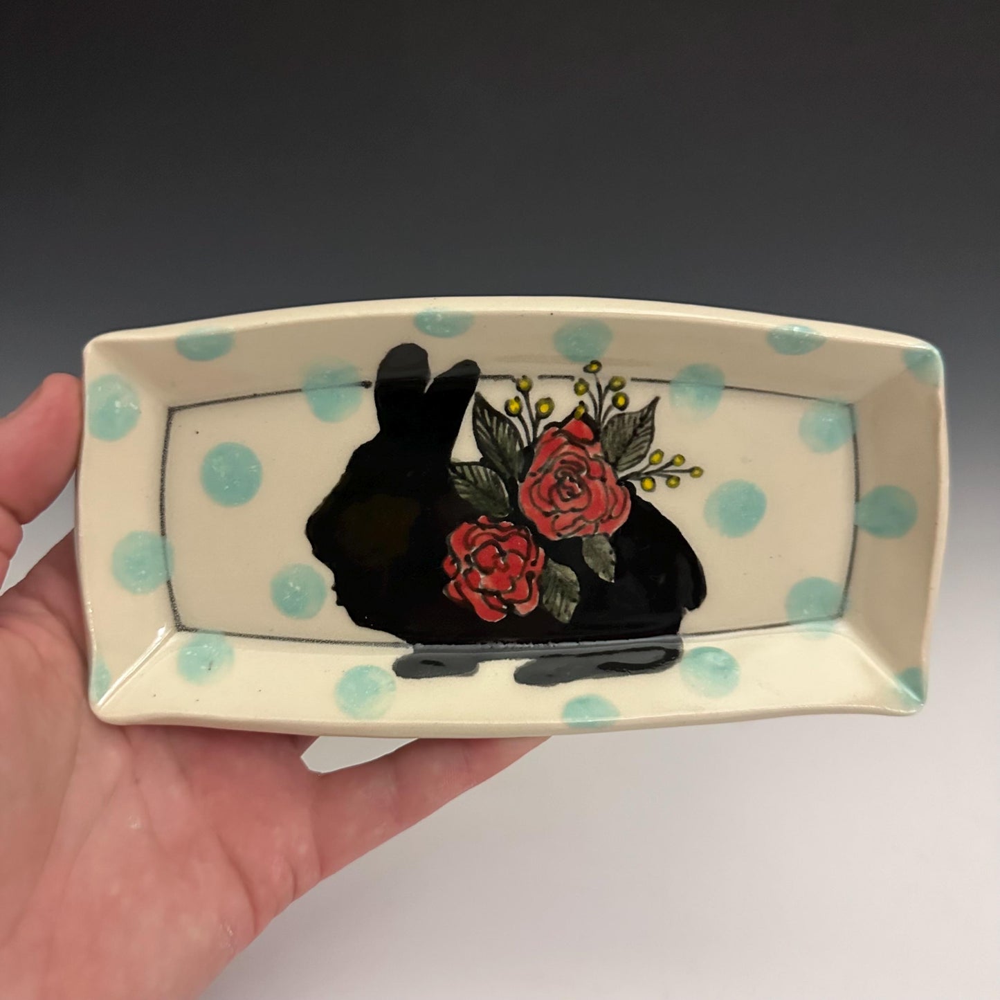 Pottery Tray Ceramic Trinket Dish Bunny Hearts and Red Hearts Rectangular Plate