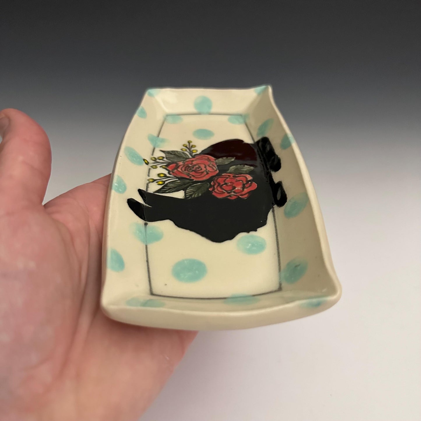 Pottery Tray Ceramic Trinket Dish Bunny Hearts and Red Hearts Rectangular Plate