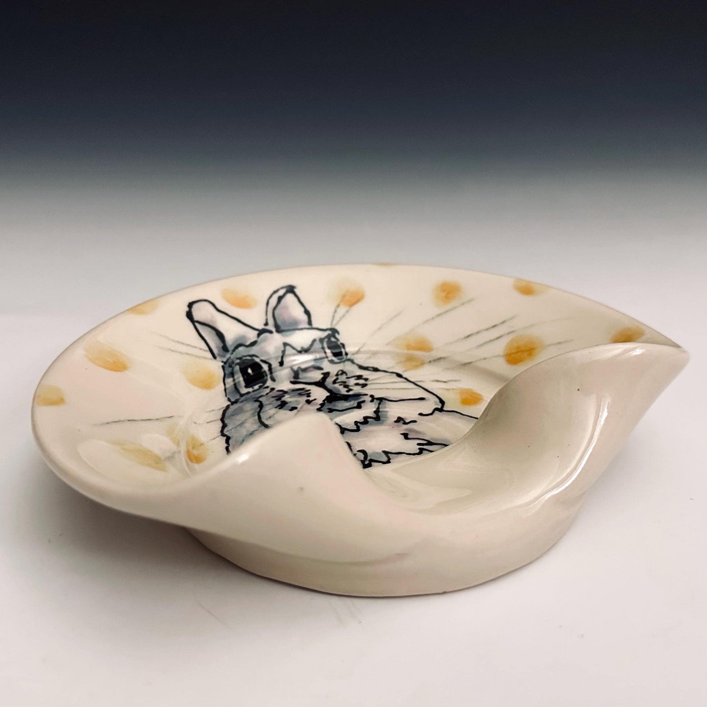 Stovetop Spoon Rest Ladel Rest Utensil Holder Bunny and Tellow Dot Ceramic Spoonrest