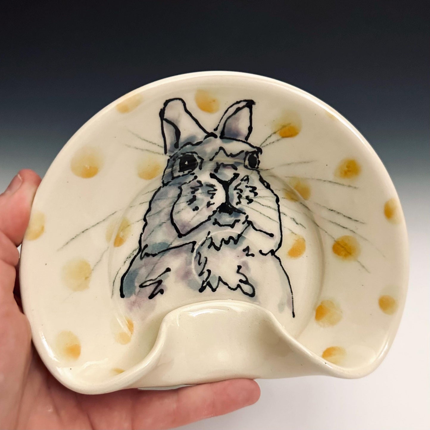 Stovetop Spoon Rest Ladel Rest Utensil Holder Bunny and Tellow Dot Ceramic Spoonrest