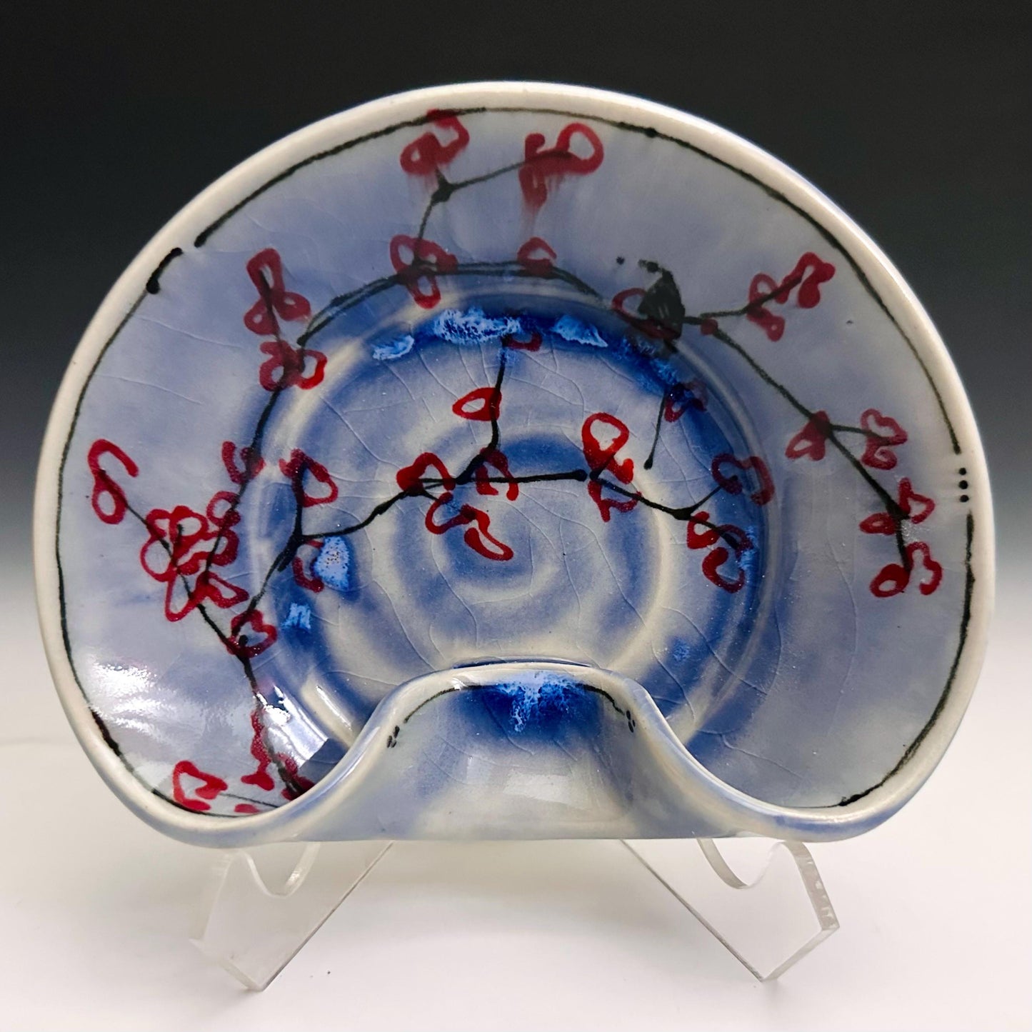 Stovetop Spoon Rest Ladel Rest Utensil Holder Cherry Blossom Blue Glaze Ceramic