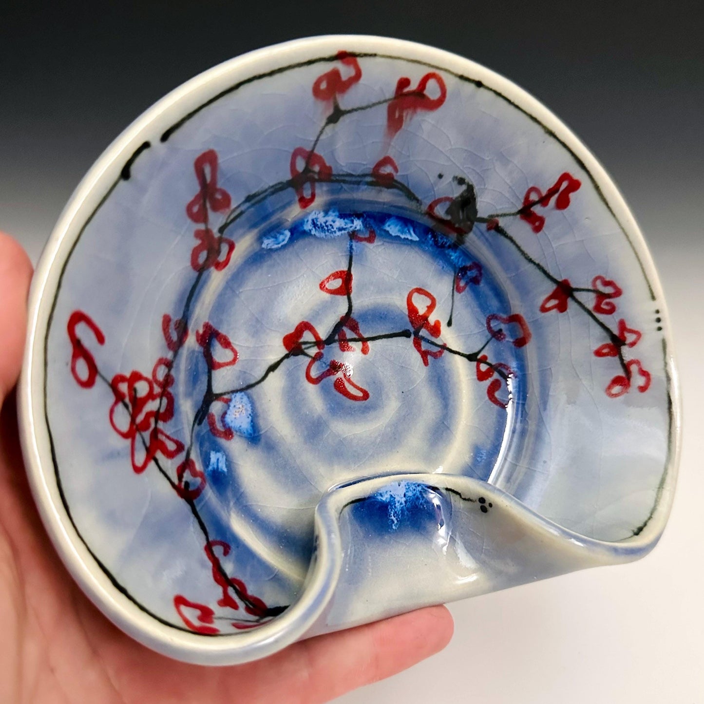 Stovetop Spoon Rest Ladel Rest Utensil Holder Cherry Blossom Blue Glaze Ceramic