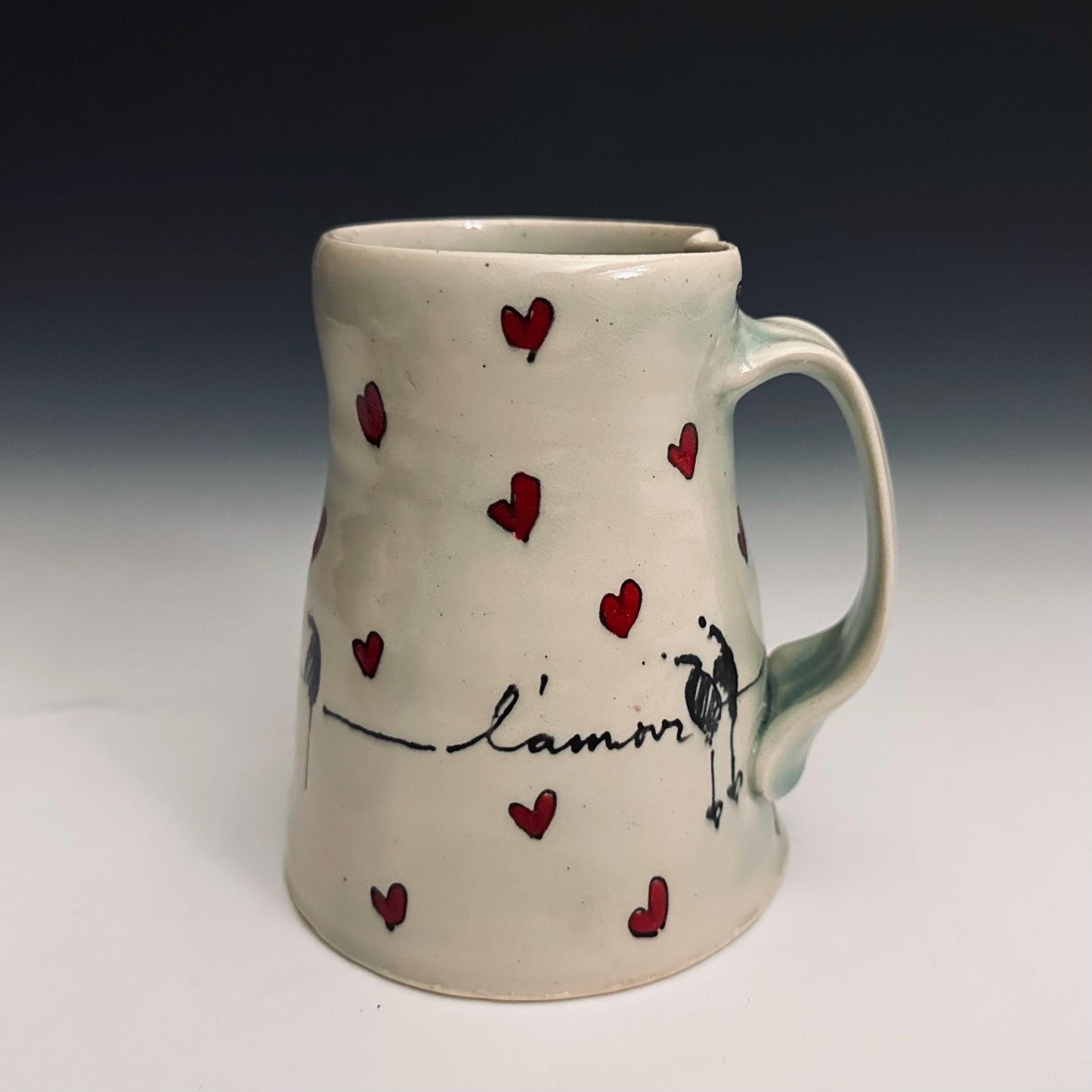 L’Amour Hearts and Birds Pottery Mug Handmade Coffee Cup