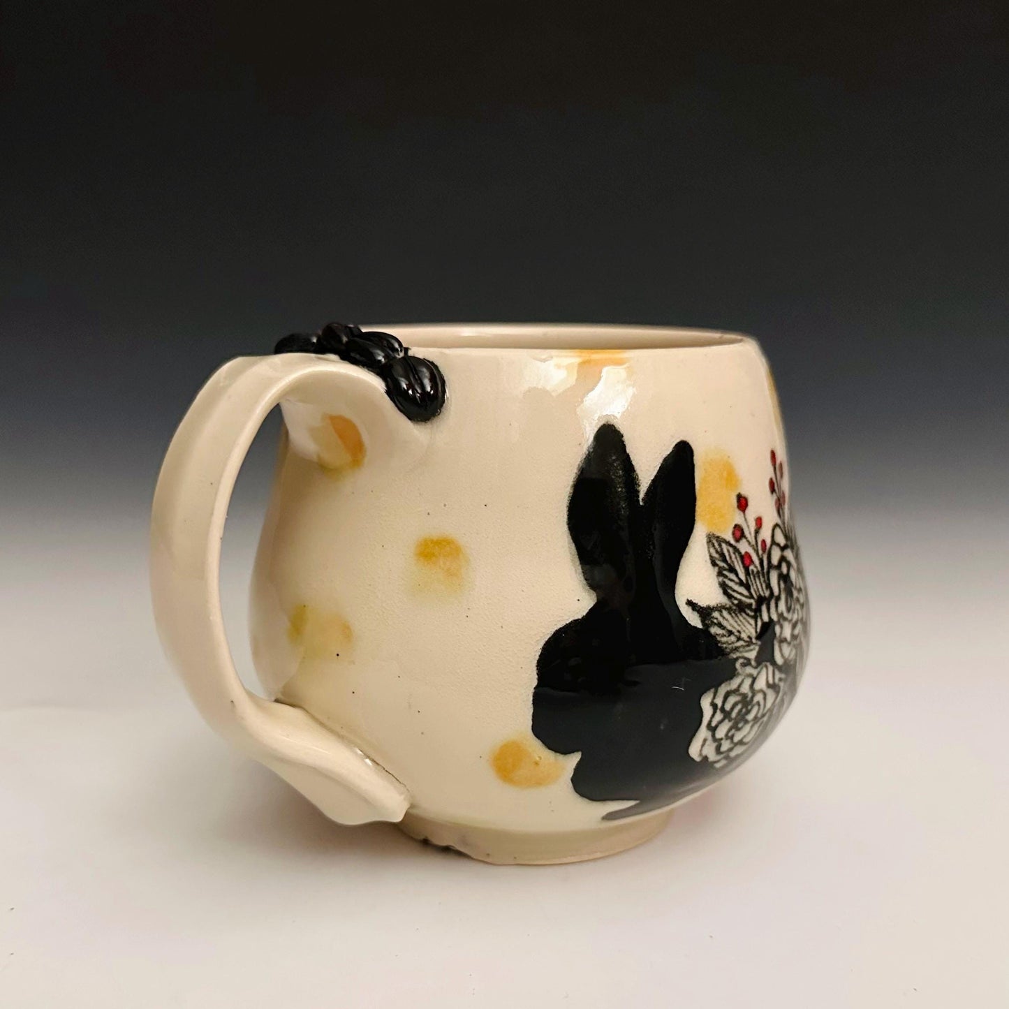 Handmade Bunny Flowers and Yellow Dots Pottery Coffee Mug Ceramic F2515