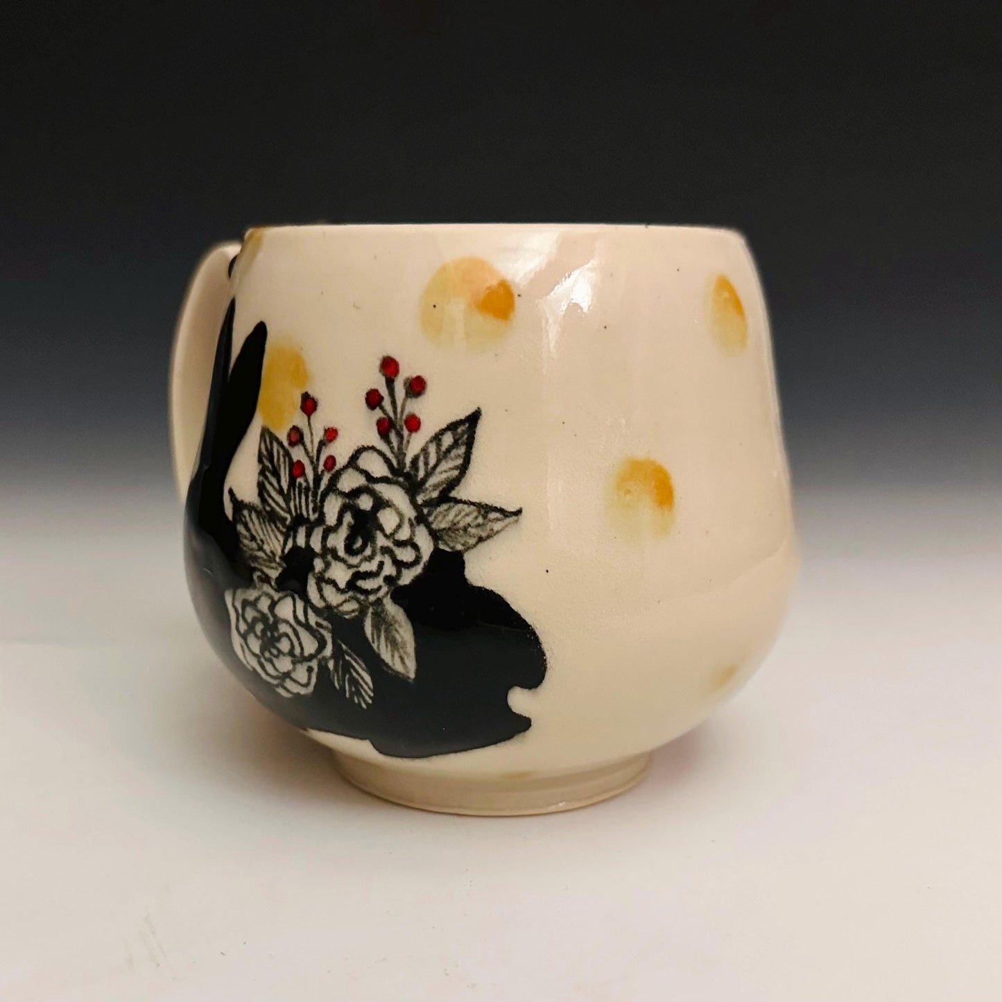 Handmade Bunny Flowers and Yellow Dots Pottery Coffee Mug Ceramic F2515