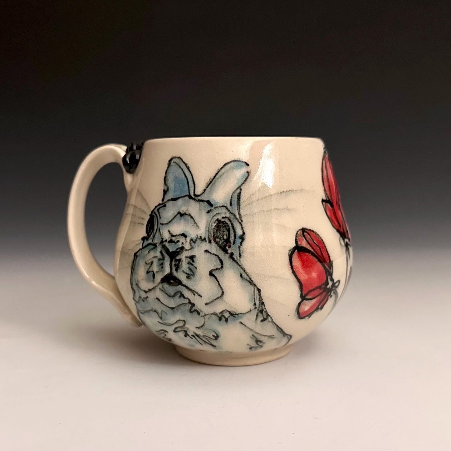 Handmade Bunny and Red Pottery Flower Pottery Coffee Mug Ceramic F2539