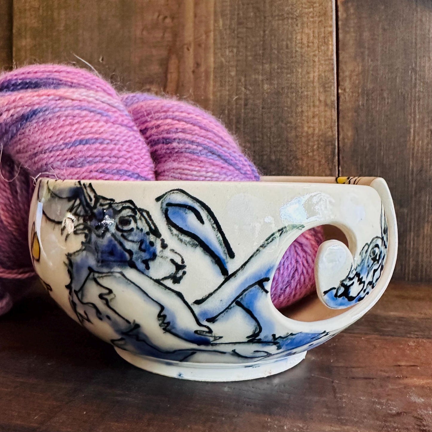 Yarn Bowl Hand Painted Boxing Rabbits Knitting Bowl Bunny Art M2523