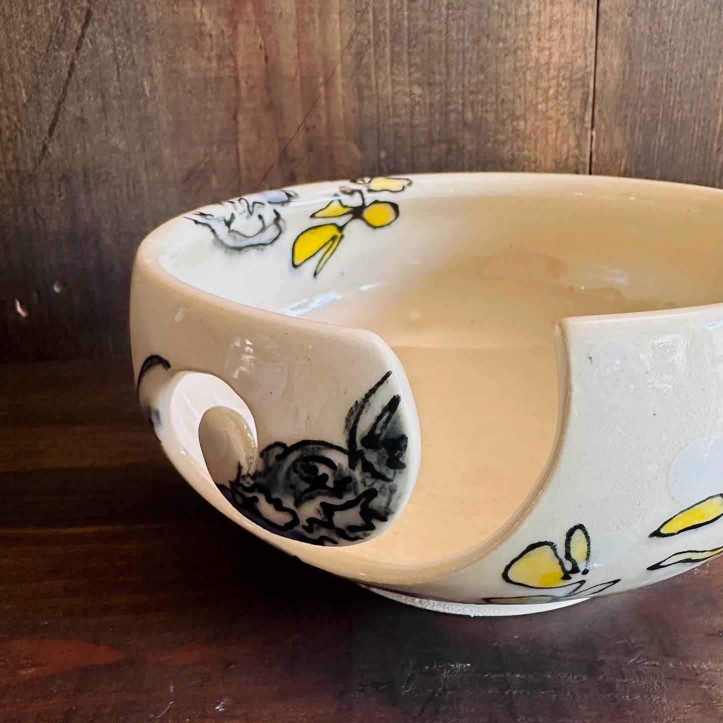 Yarn Bowl Hand Painted Boxing Rabbits Knitting Bowl Bunny Art M2523