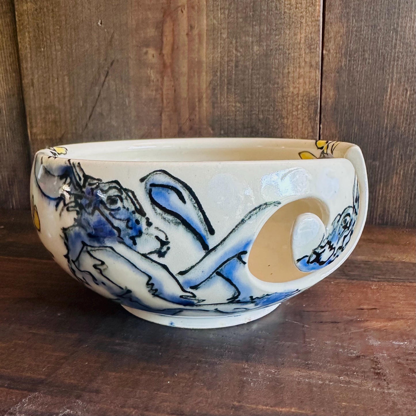 Yarn Bowl Hand Painted Boxing Rabbits Knitting Bowl Bunny Art M2523