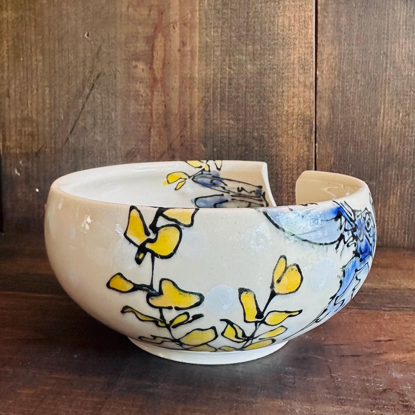 Yarn Bowl Hand Painted Boxing Rabbits Knitting Bowl Bunny Art M2523