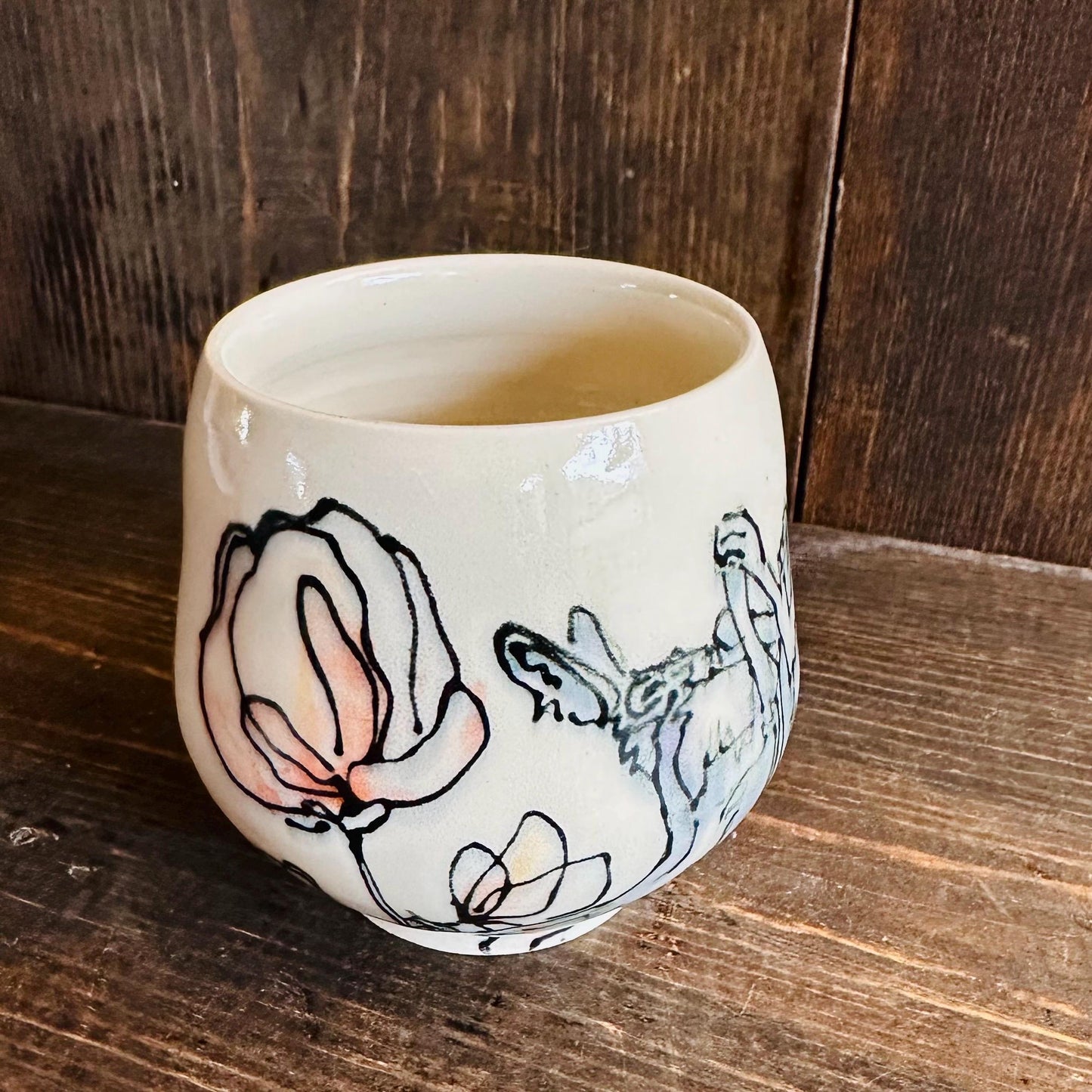 Yunomi Cup Boxing Hare Rabbit Tulip Ceramic Mug Handmade M2535