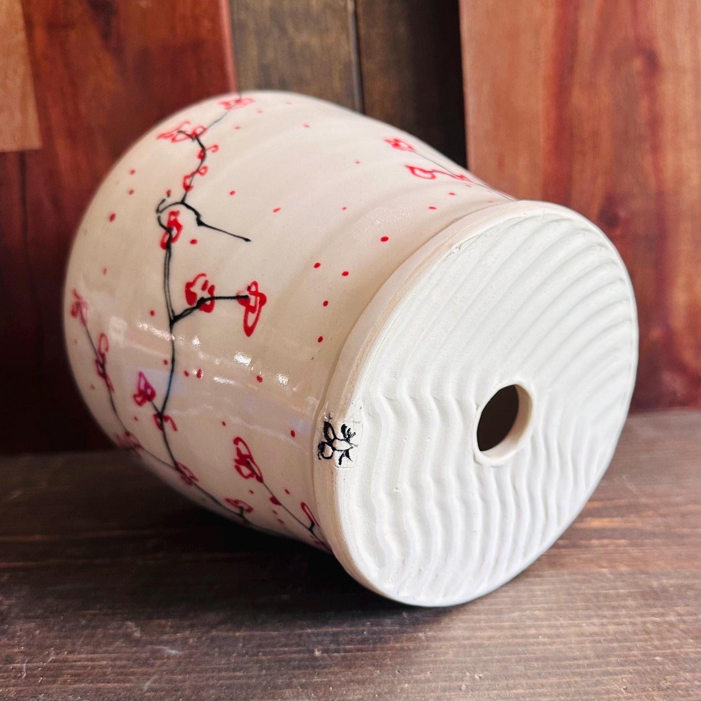 Ceramic Planter Pottery Handmade Cherry Blossom Red Flower M2559