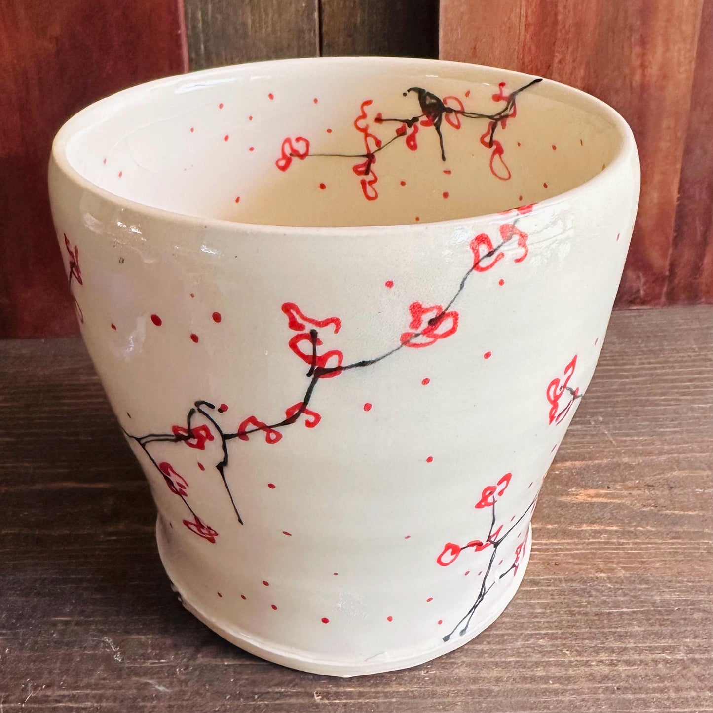 Ceramic Planter Pottery Handmade Cherry Blossom Red Flower M2559