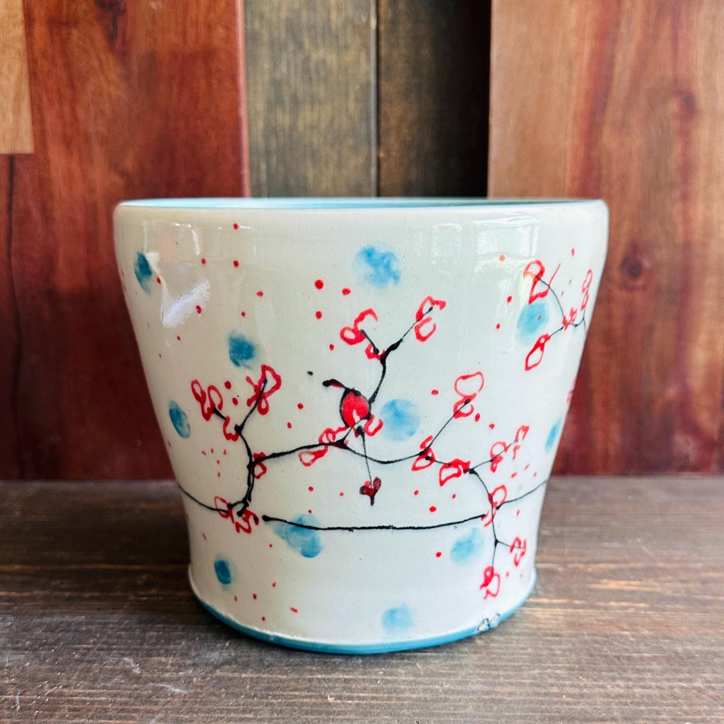 Ceramic Planter Pottery Handmade Cherry Blossom Red Flower Turquoise M2560