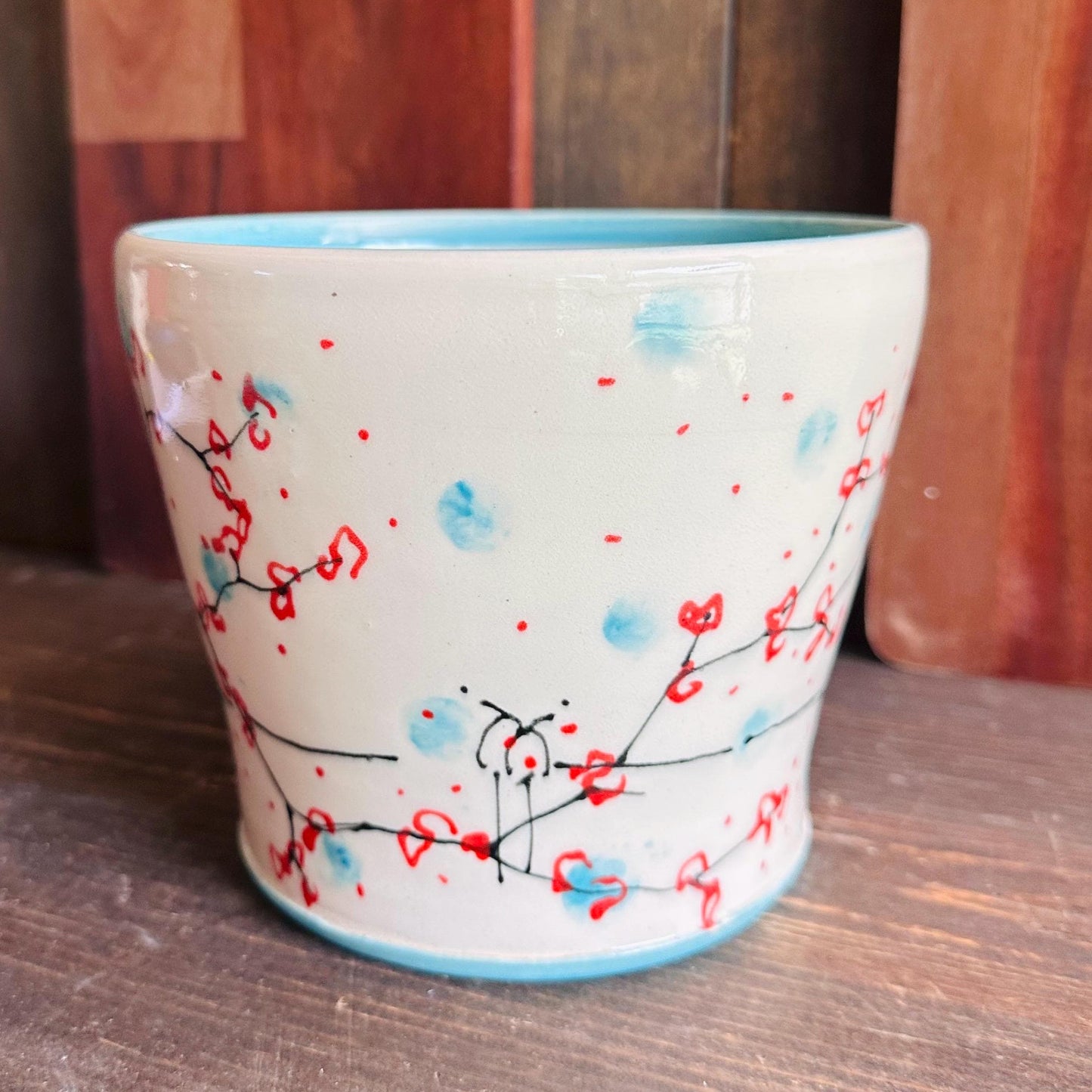 Ceramic Planter Pottery Handmade Cherry Blossom Red Flower Turquoise M2560