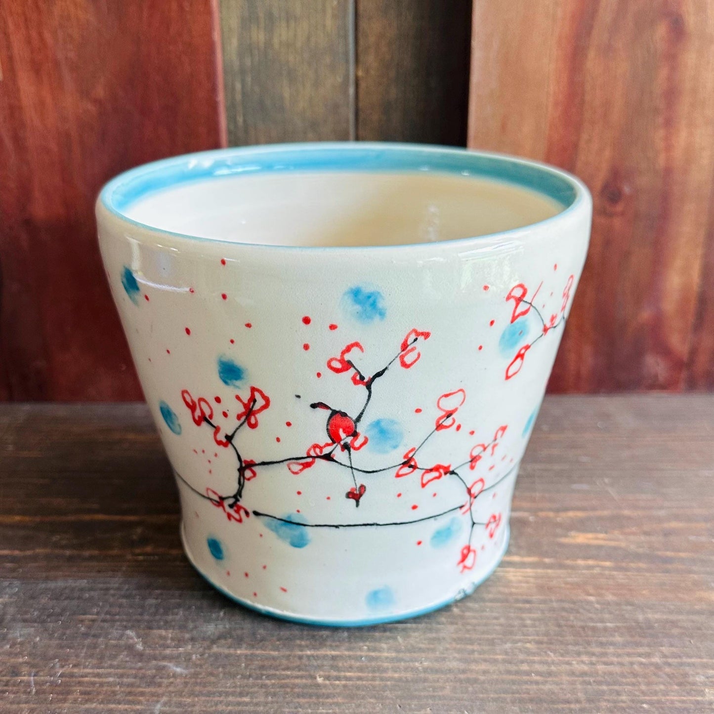 Ceramic Planter Pottery Handmade Cherry Blossom Red Flower Turquoise M2560