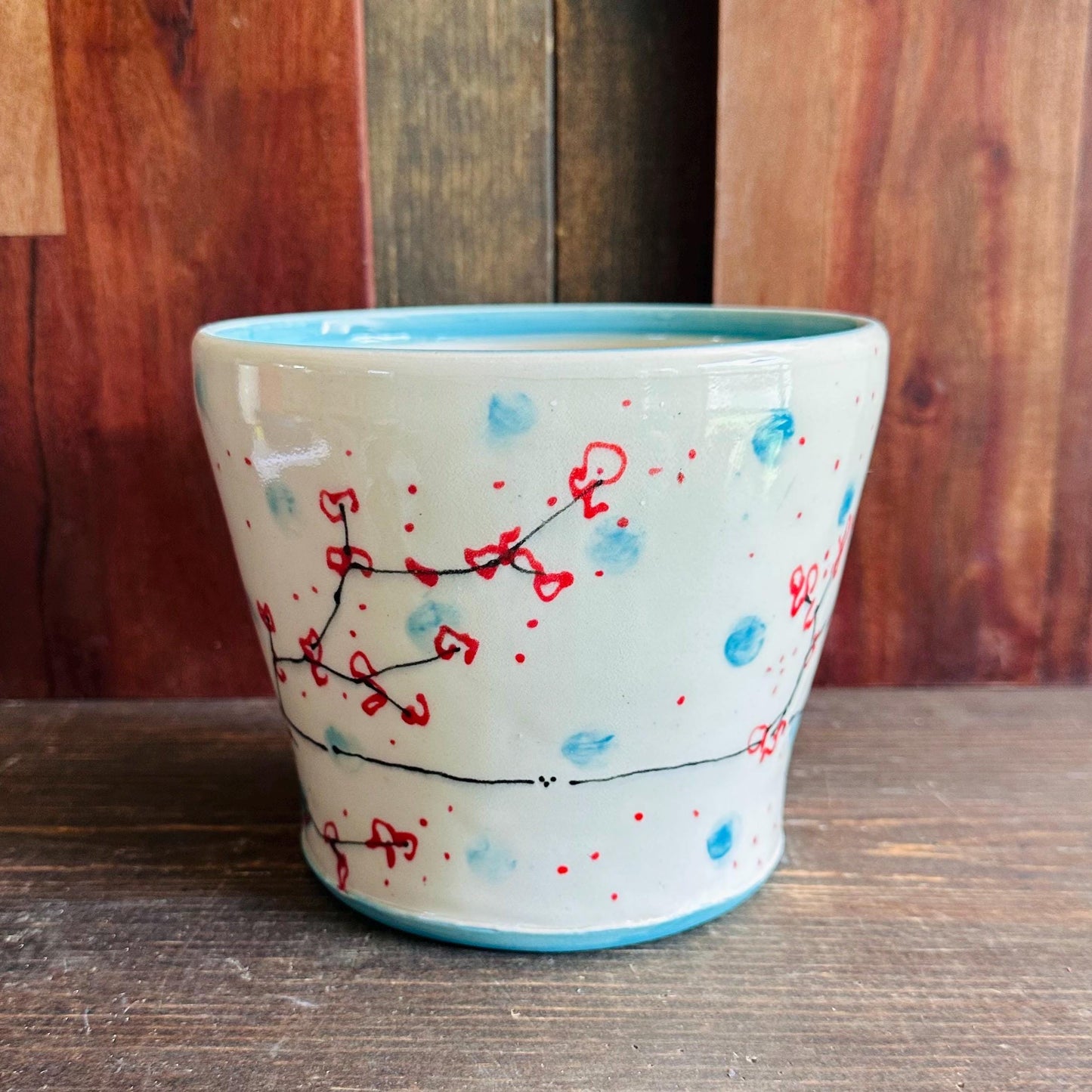 Ceramic Planter Pottery Handmade Cherry Blossom Red Flower Turquoise M2560